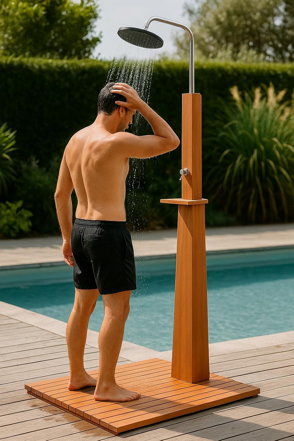 Casafoyer Outdoor Shower Eucalyptus Wood and Steel-Durable, Height-Adjustable, Free-Standing Garden and Pool Shower