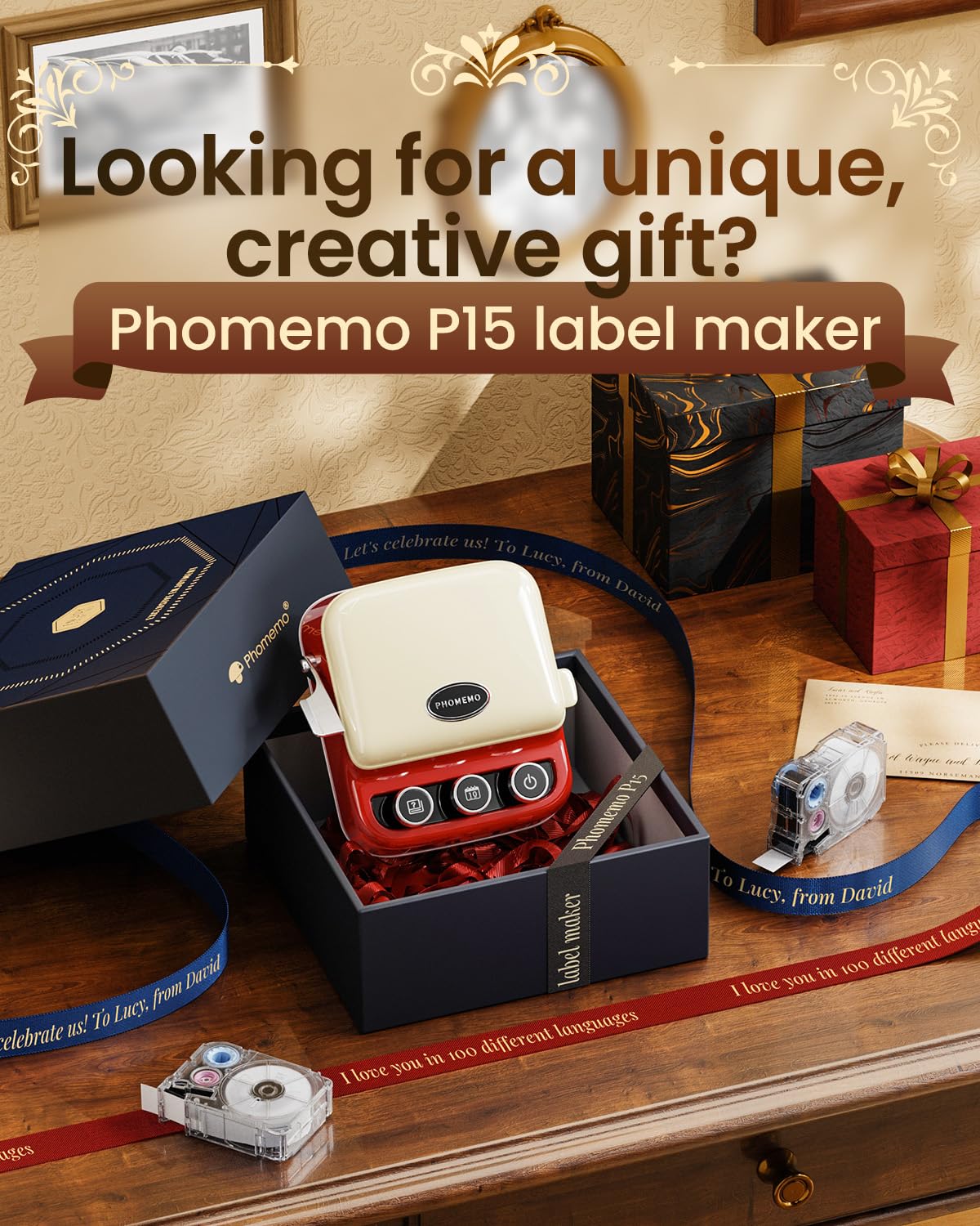 Phomemo P15 Ribbon Label Printer, Custom Text/Icon Mini Bluetooth Portable Label Maker Machine with Tape for Gift Wrap, Mother’s Day Decorations, Cloth Tag, DIY Crafts, Wedding Bouquets, Printer Trays