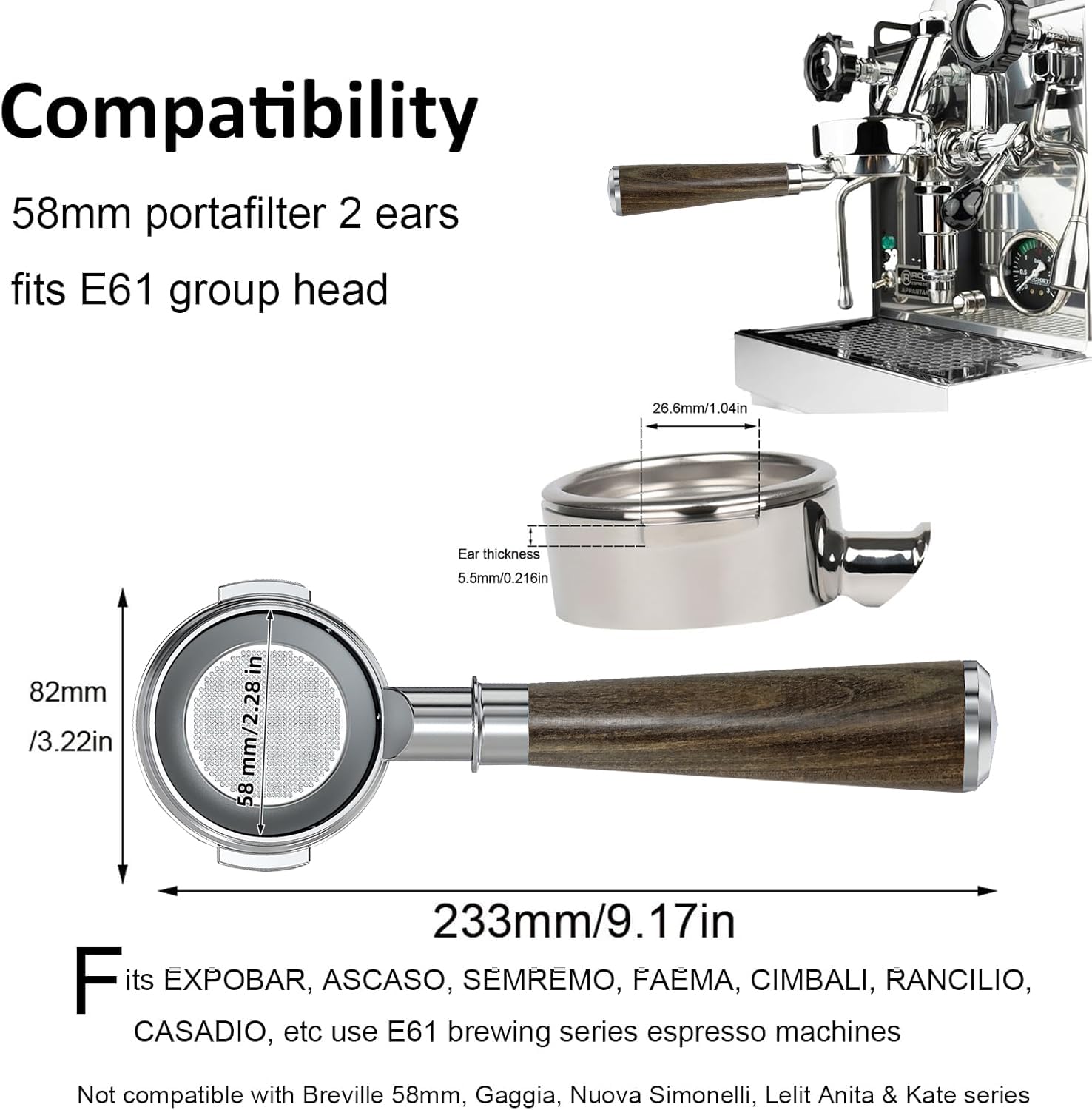 Portafiltro 58mm Sin Fondo Acero304 Mango Nogal Negro, Cesta18g Sin Presión | Portafiltro 58mm sin fondo acero 304, mango nogal negro. Compatible E61,Flair58,Rocket,Lelit, incluye cesta 18g sin presión.
