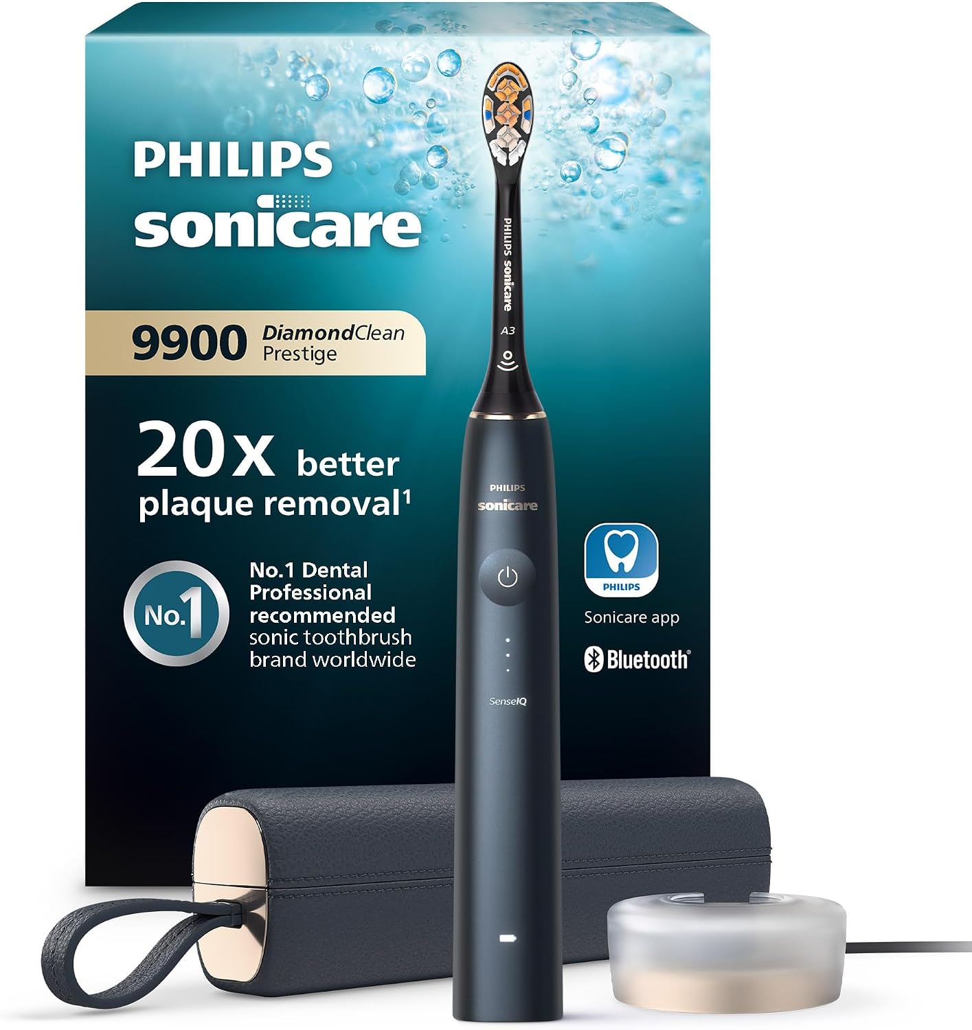 Philips Sonicare DiamondClean Prestige 9900 Elektryczna soniczna szczoteczka do zębów z wysokiej klasy główką szczoteczki A3 All-in-One, etui do ładowania w kolorze ciemnogranatowym (model HX9992/12)