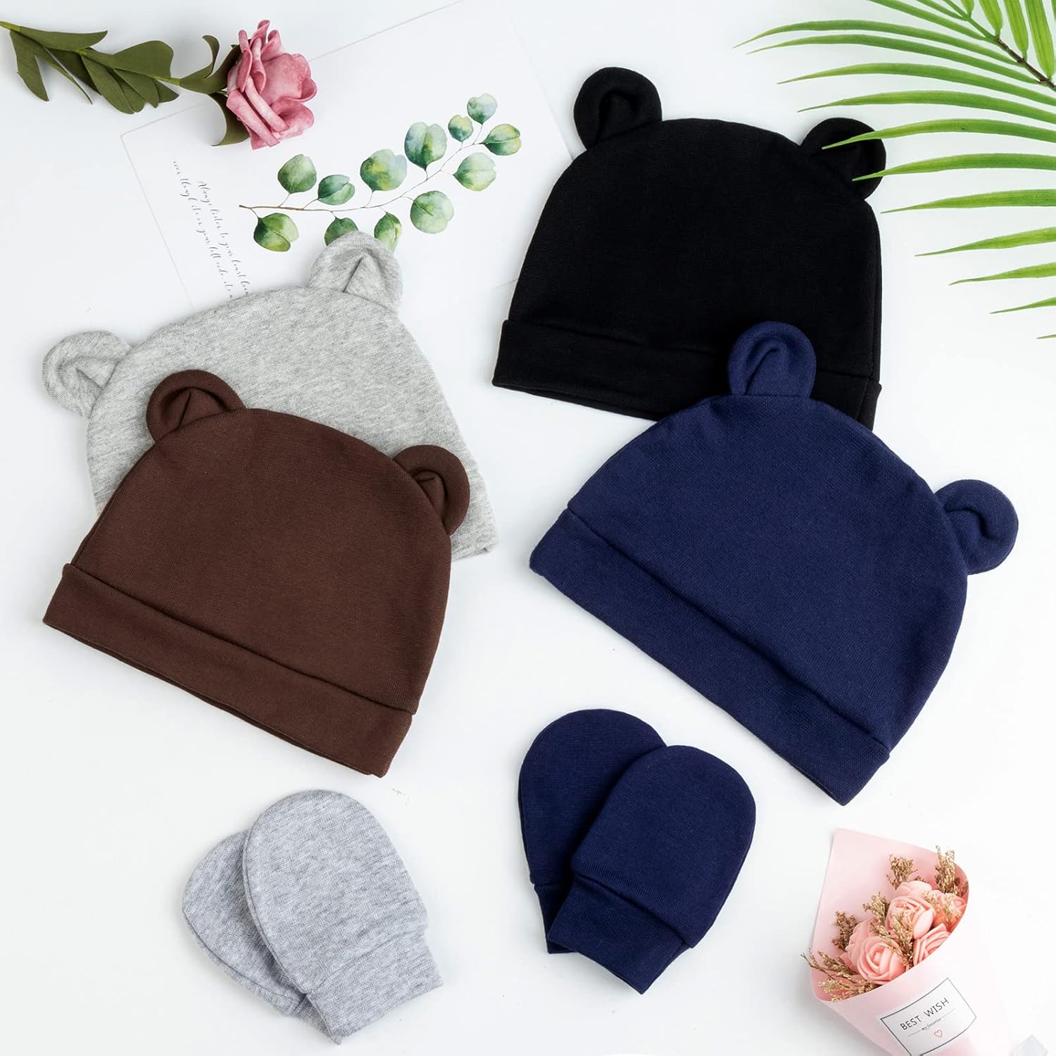 Newborn Baby Hat and Mittens Set Bear Ears Toddler Infant Beanie Caps Newborn Hospital Hat for Baby Boy Girl 0-3 Months - Image 5