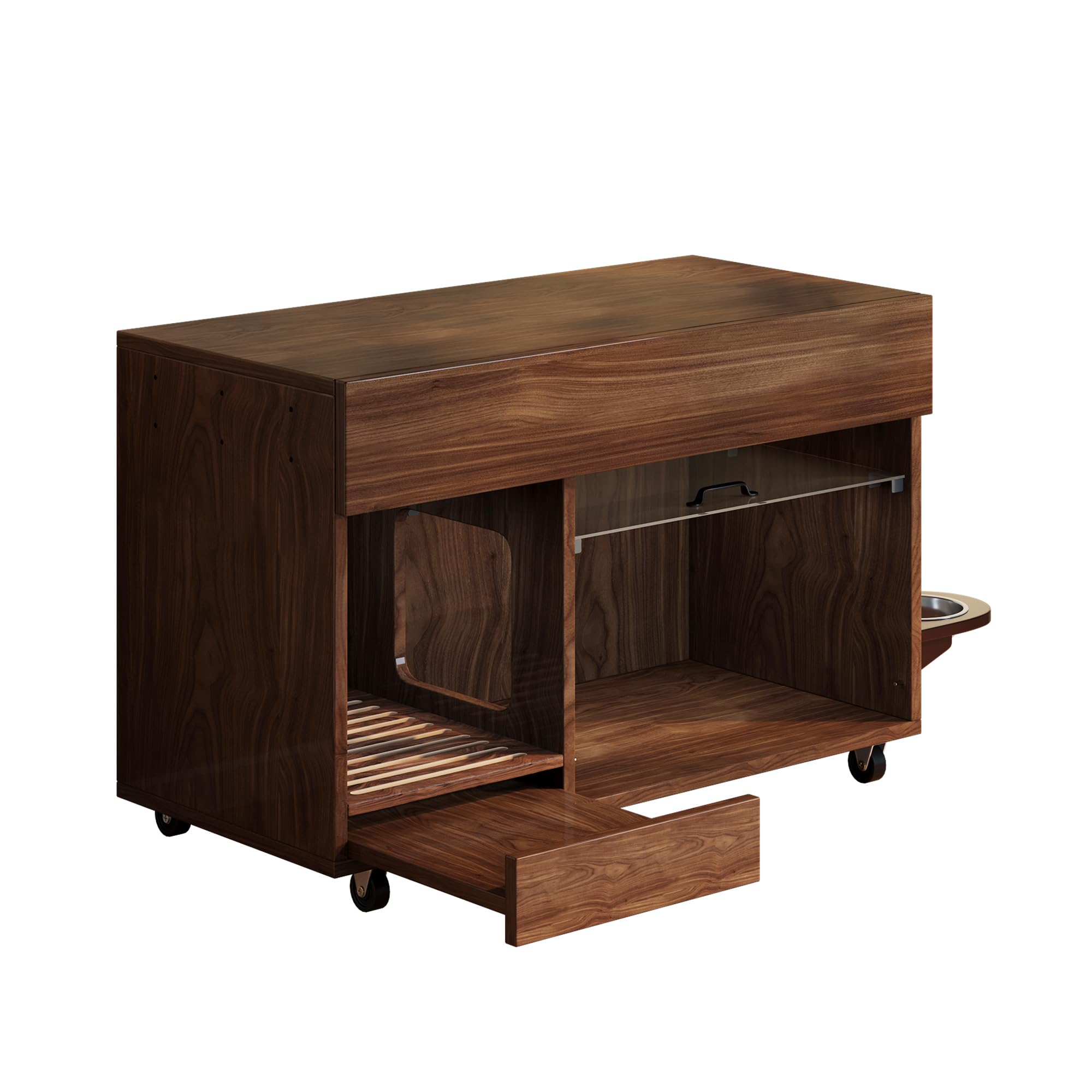 Katzenklo-Schrank, Bewegbar mit Sandauffangschale & Futterstation, Katzentoilettenschrank mit Lochplatte & Aufbewahrungsregal für Katzenzubehör, 100x45.5x67cm Nussbaum