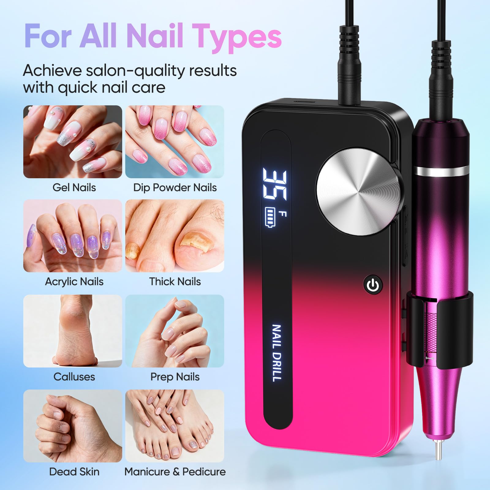 Taladro de uñas eléctrico con 12 accesorios de pulido y 30 bandas de lija, 0-35.000 rpm, set de manicura/pedicura para manicura y pedicura para cortar, limarlas, dar forma, cuidar las uñas y la