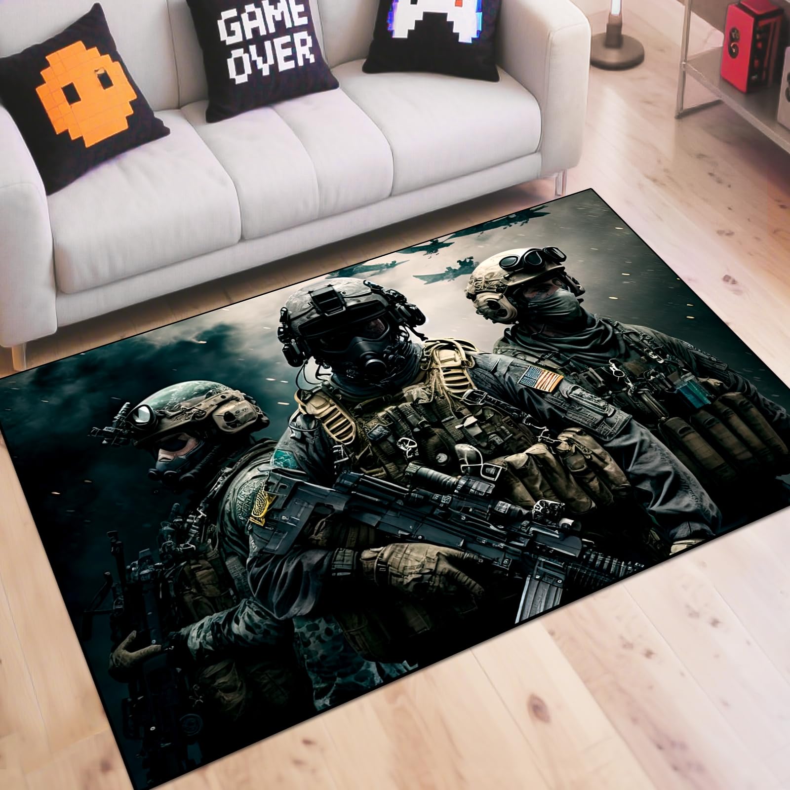 Shooting Game Rug Teen Boys Carpet with Battle Games Element Decoration Mat War Game Rugs for Boys Bedroom
