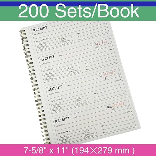 Miniatura 3 de Libros de recibos de dinero y alquiler - Libro de recibos con 2 copias autocopiadas de parte, 7-58 x 11 pulgadas, cubierta envolvente, encuadernado