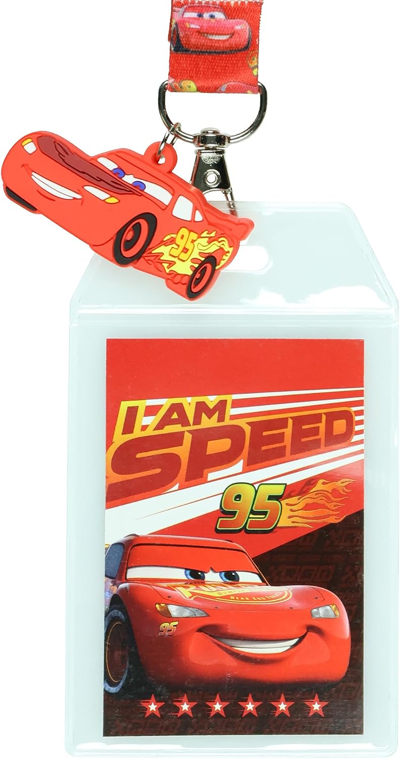 Disney Cars Lightning McQueen Blazing Forward Lanyard with Clear ID Badge Holder and 2" Rubber Race Car Charm