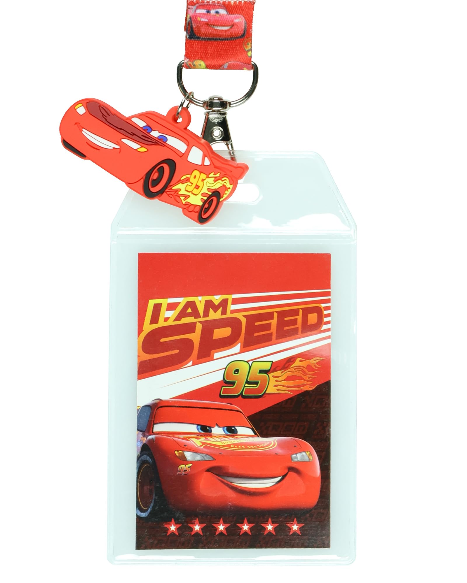 Disney Cars Lightning McQueen Schlüsselband mit transparentem Ausweishalter und 5,1 cm Rennwagen-Anhänger aus Gummi