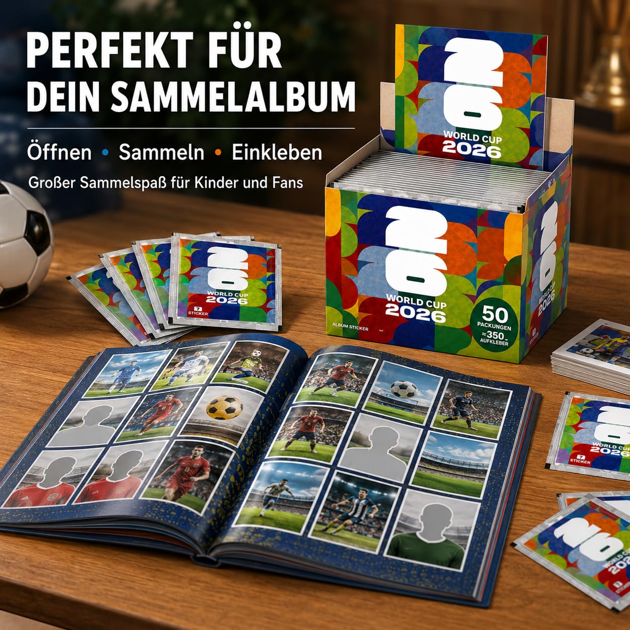 WM 2026 Sammelsticker Box – 50 Stickertüten mit insgesamt 350 Stickern | Fußball Sticker Sammlung zum Tauschen, Sammeln und Einkleben