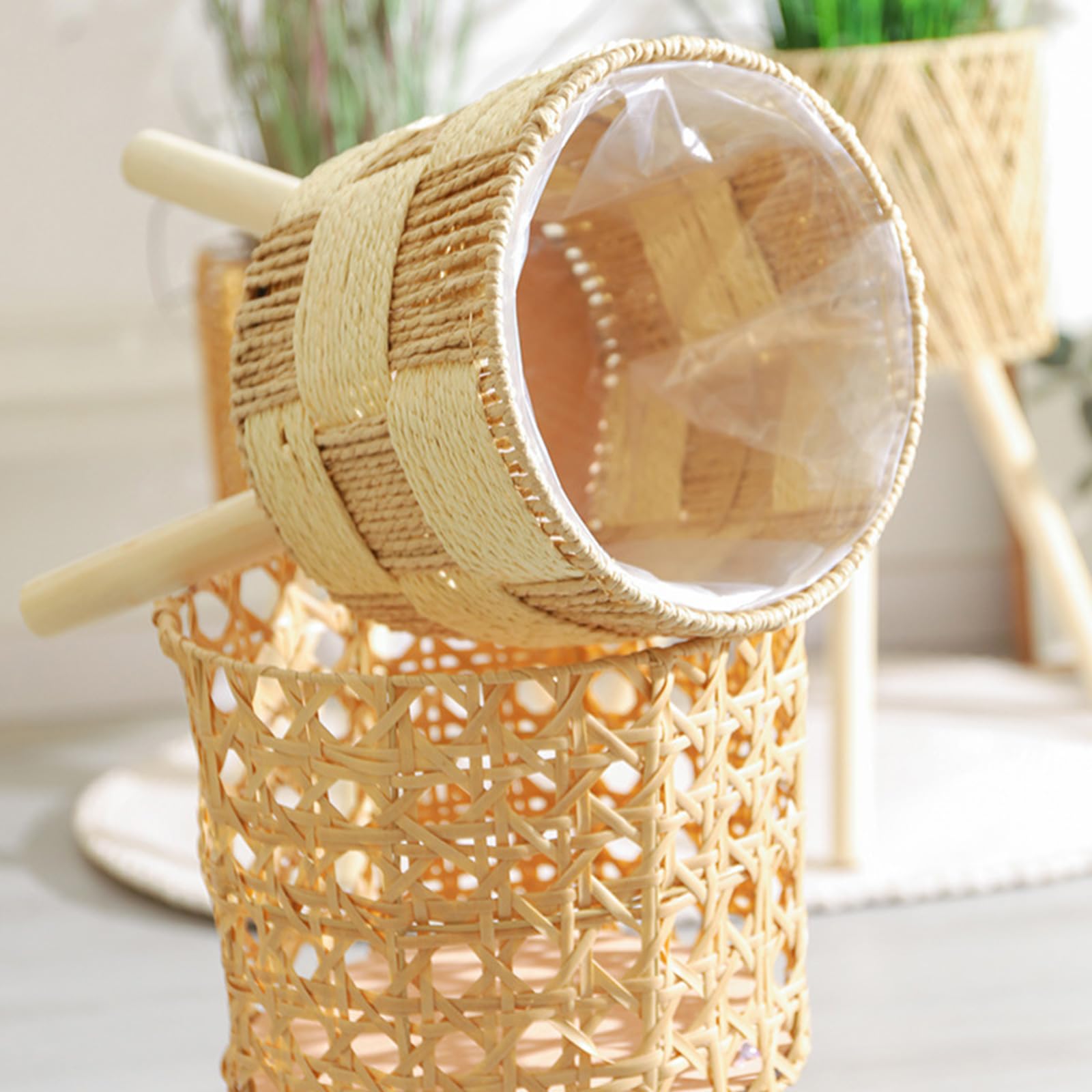 Vaso da fiori in rattan intrecciato a mano con supporto in legno, cestino per interni ed esterni, per decorazioni per la casa e il giardino, supporto per piante