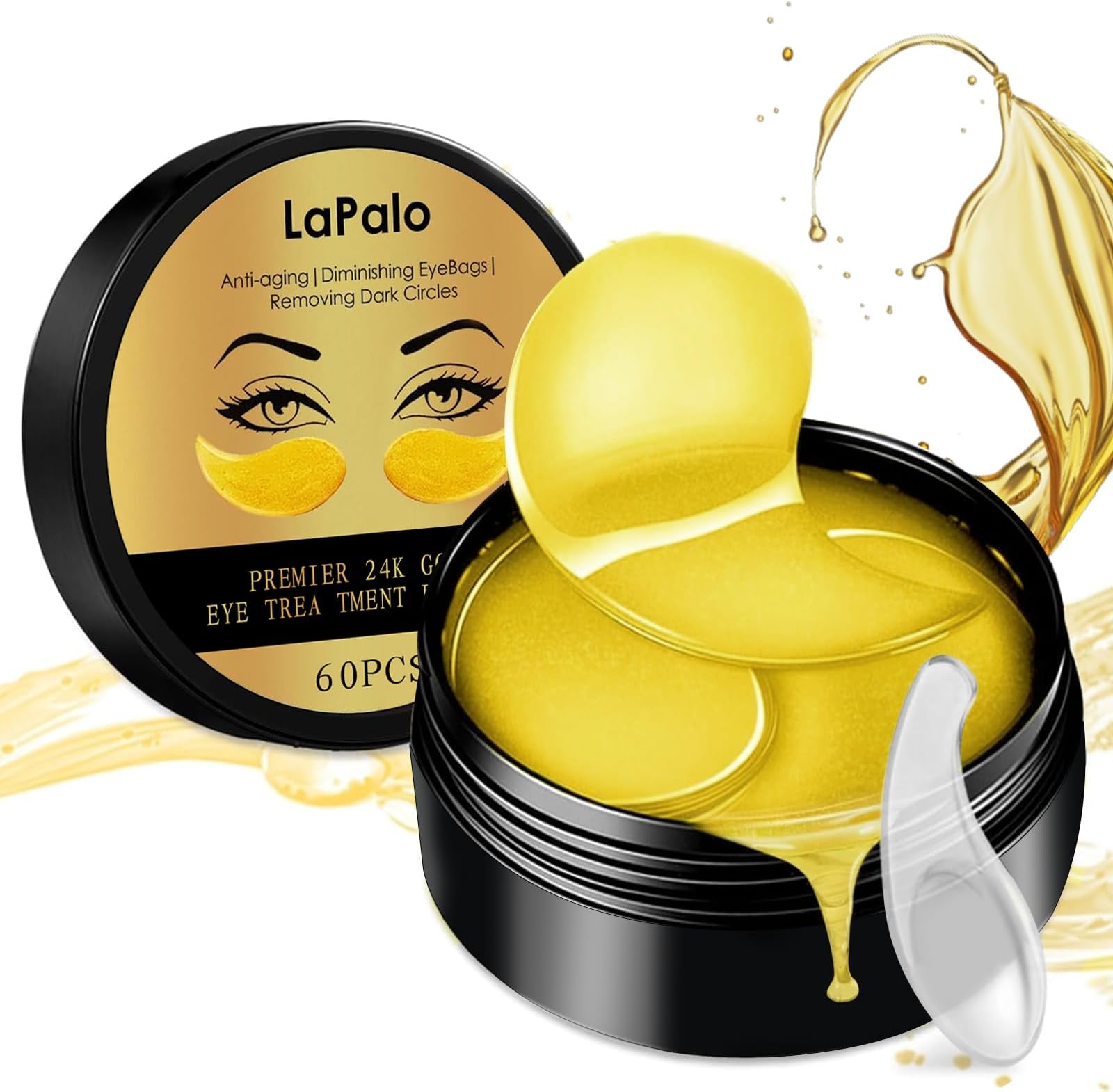 LaPalo Premier 24K Gold Eye Treatment Patches,Anti-aging Collagen Hyaluronic Acid Eye Mask, Diminish Dark Cirles, Wrinkles, Puffiness & Bags, Nourish Skin Care, Travel Size Travel Essentials, 60 pcs