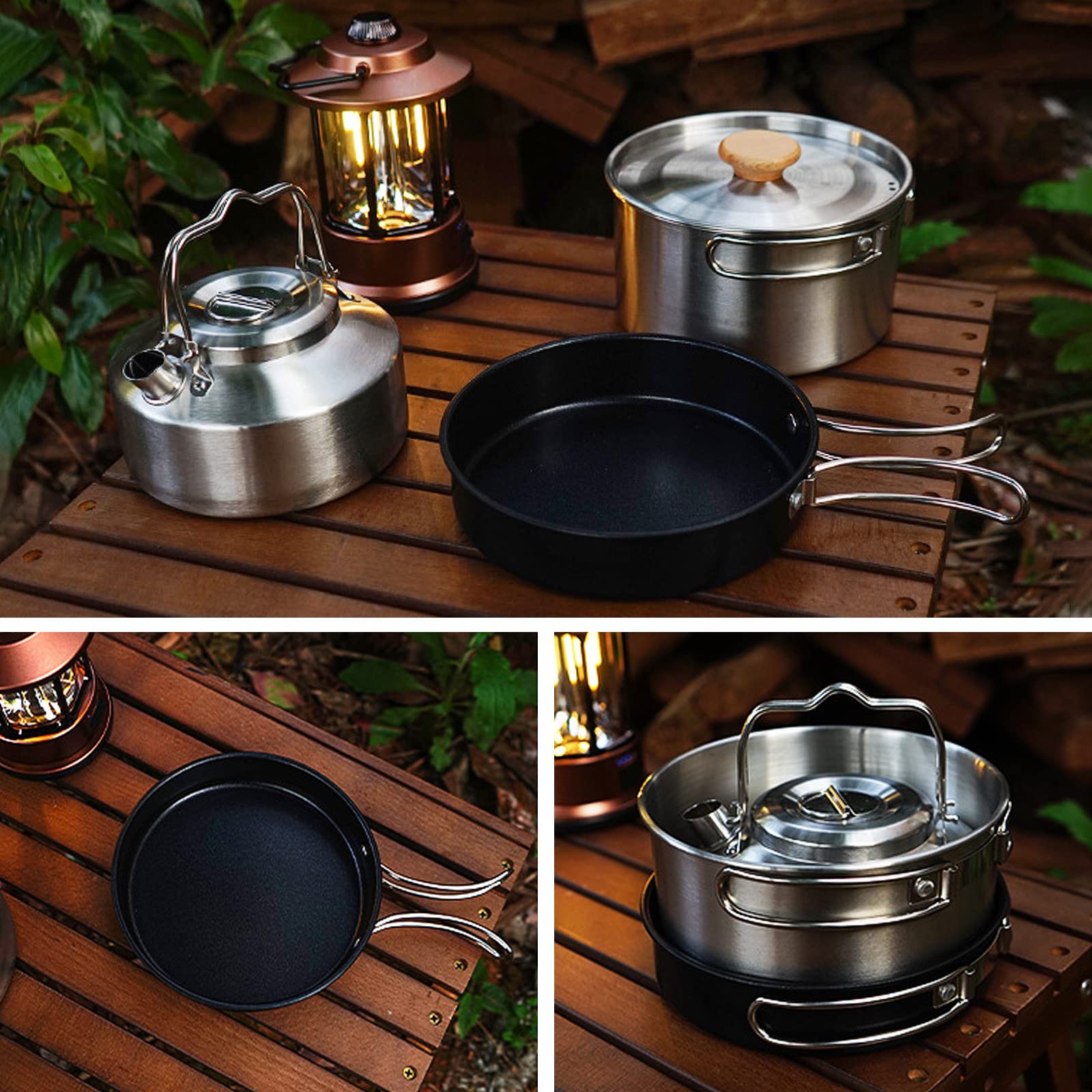 Picnics Pan Sets Camping Cooking Pots Pans & Kettle with Lid Stainless Containers Cookware Kits Tableware Cooking Tools
