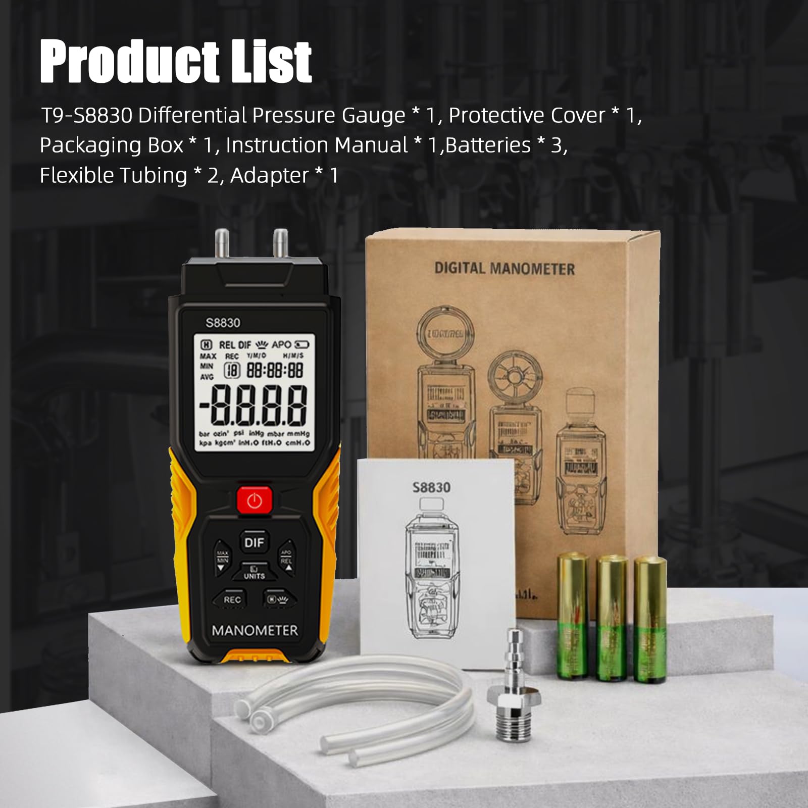 Manómetro digital de presión diferencial GR-T9-S8830, probador de presión profesional de doble puerto, medidor de presión retroiluminado LCD para aplicaciones de prueba de tuberías de gas natural
