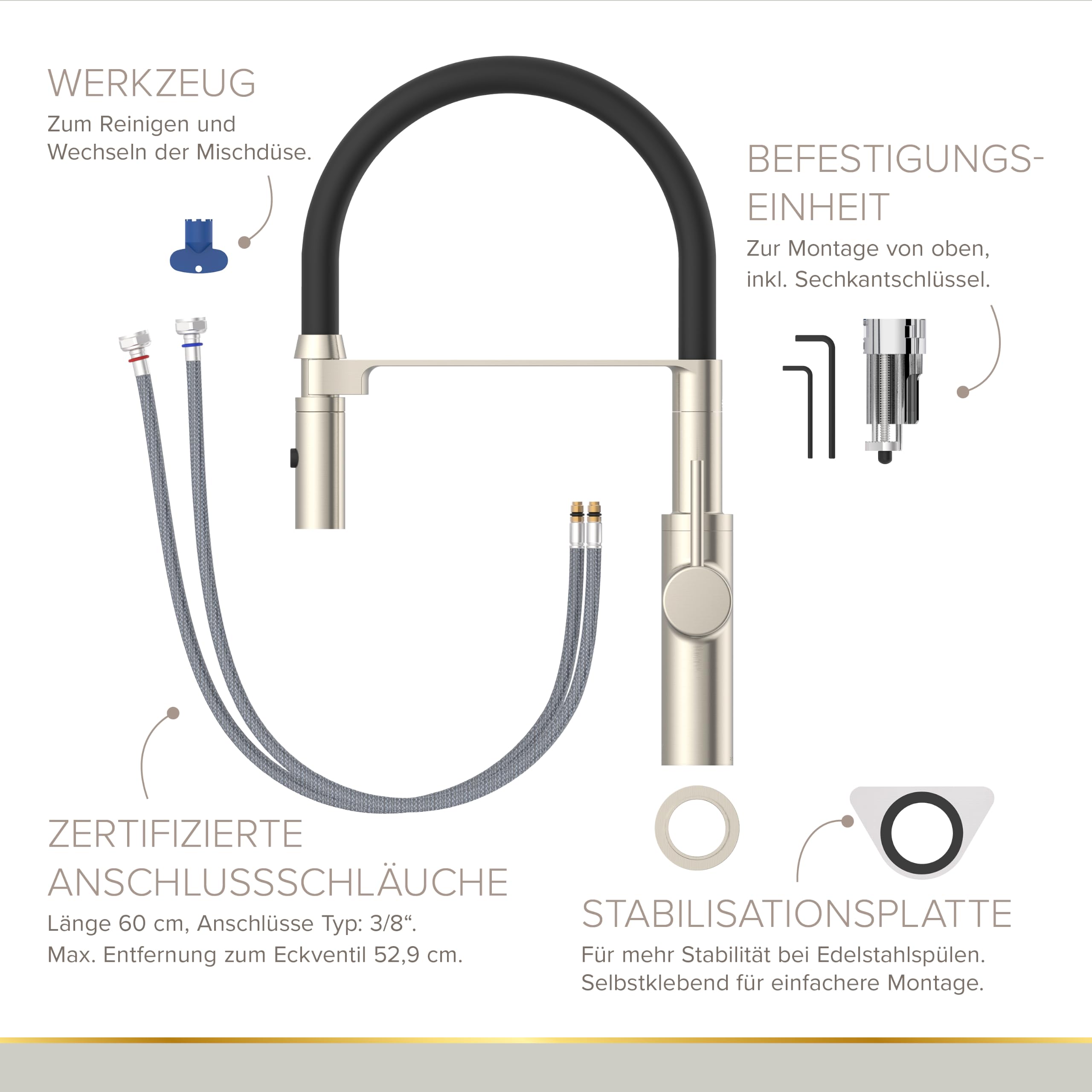 Lenz Küchenarmatur NALU in Nickel – Flexible Geschirrbrause, 2 Strahlarten | Spültischarmatur mit 2-Mengen-Funktion, Magnetische Halterung, Einfache Montage von oben, Höhe 42,7 cm, 46070422