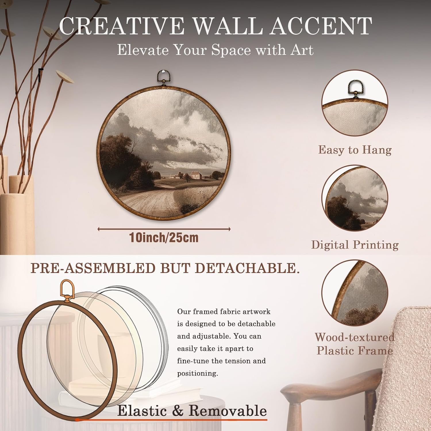 Voxitura Vintage Fall Landscape Wall Art Round Framed, Landscape Country Field Wall Decor Canvas Hanging Living Room, Rustic Retro Countryside Prints Artwork Decorations for Bedroom Dorm 10x10in - Image 3