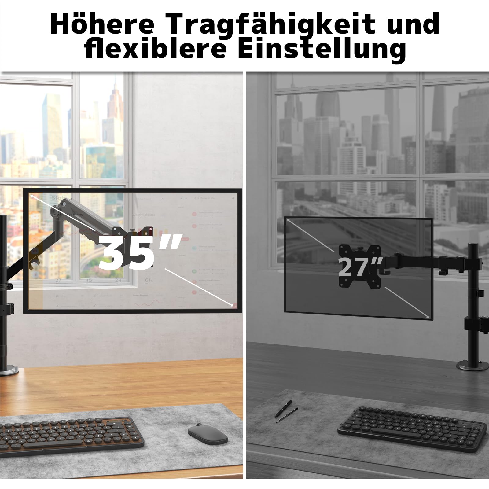 PUTORSEN Monitor Halterung mit Laptop Arm für 17-35 Zoll | Traglast 12 kg, VESA 75/100. Laptop-Arm bis 17" (5 kg). Montage per Klemme/Grommet. 5 Jahre Garantie
