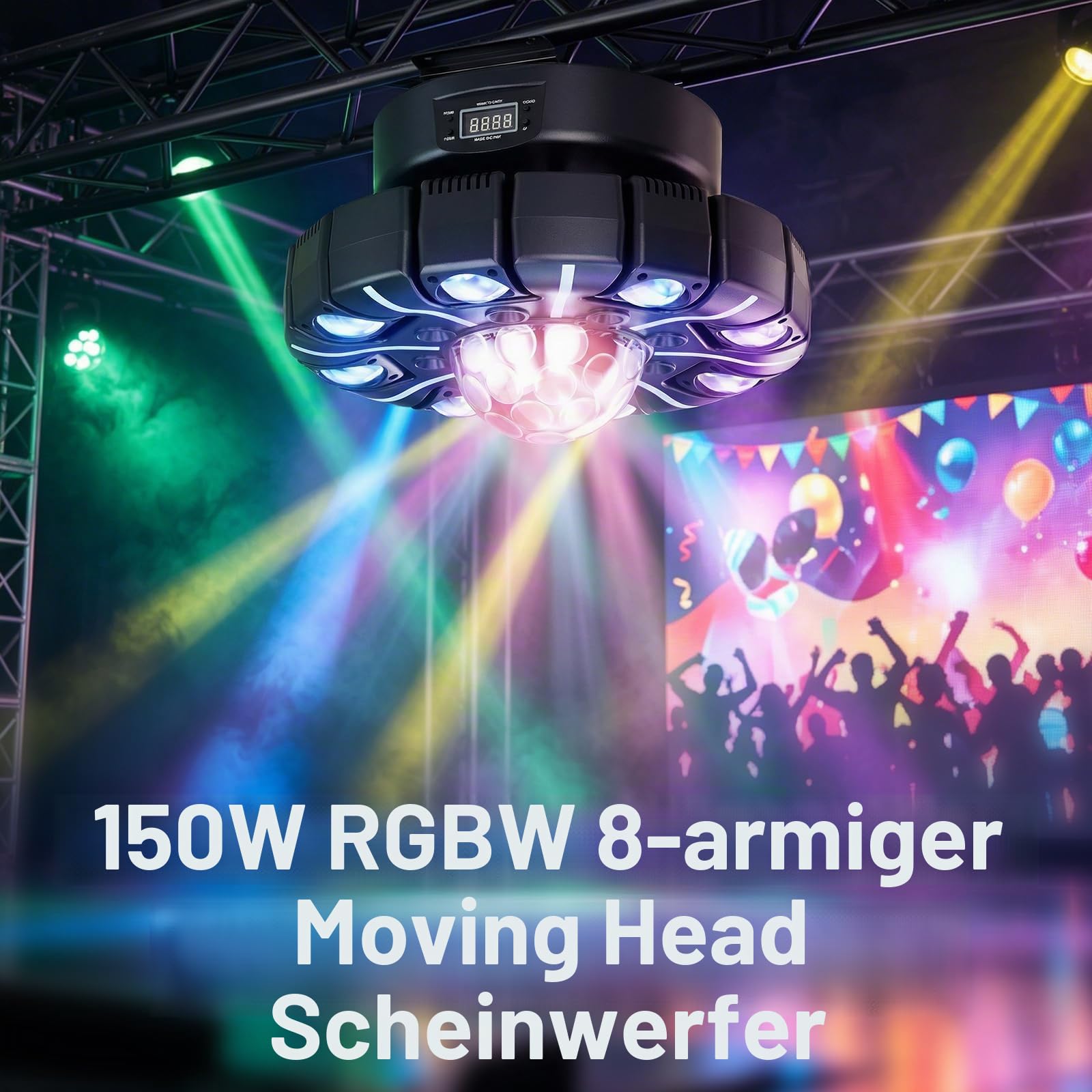 150W Beam Moving Head Bühnenlicht mit Fernbedienung, 8-armige RGBW LED Strahl Partylicht Diskokugel mit Muster DMX512 Stroboskop Soundsteuerung für Bar DJ Hochzeit Konzert