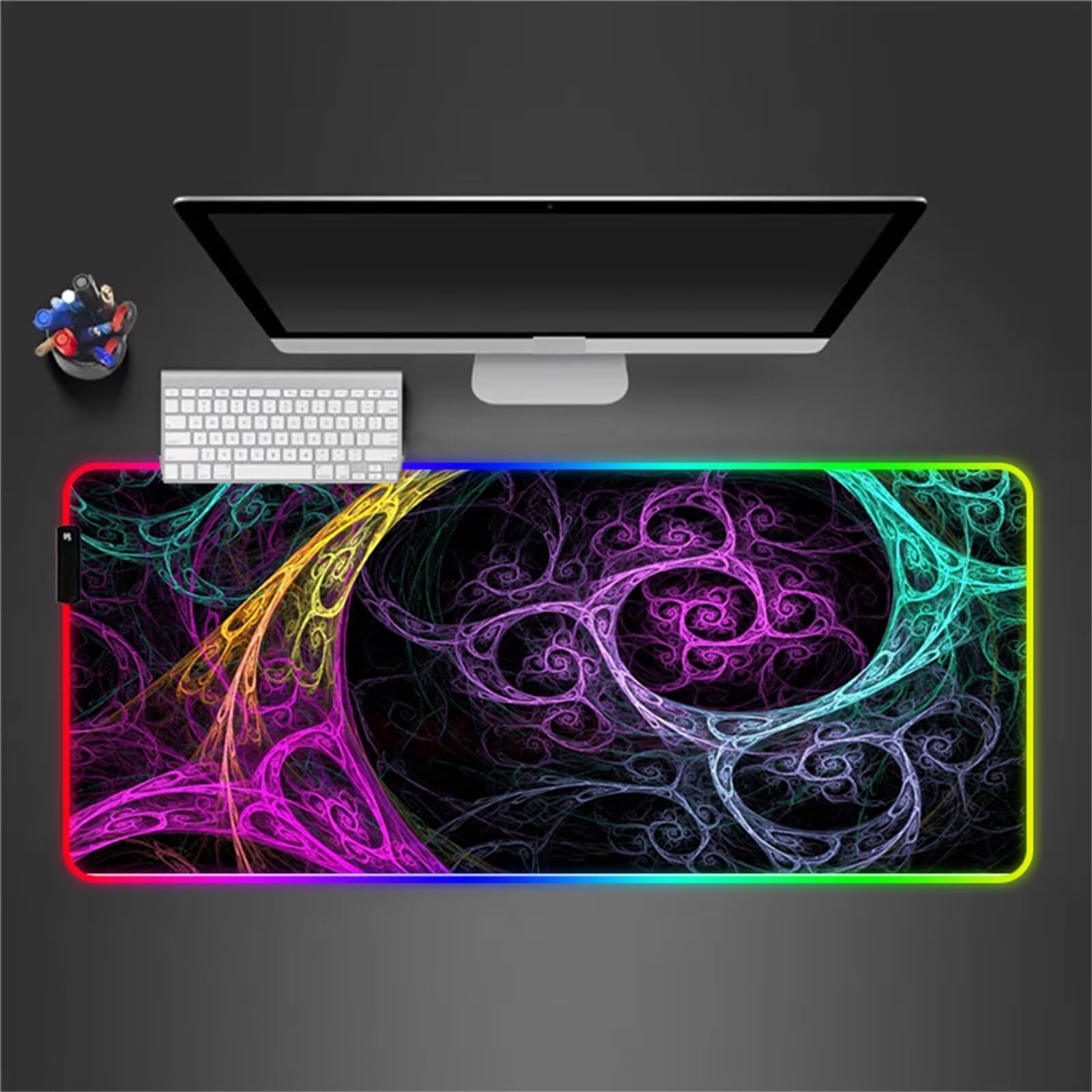 Tappetino per Mouse RGB XXL Grande Tappetino per Mouse da Gioco LED Verde Viola Astratto 900x400x4mm con 14 Modalità di Illuminazione e Base in Gomma Antiscivolo per Giochi Lavoro e Studio