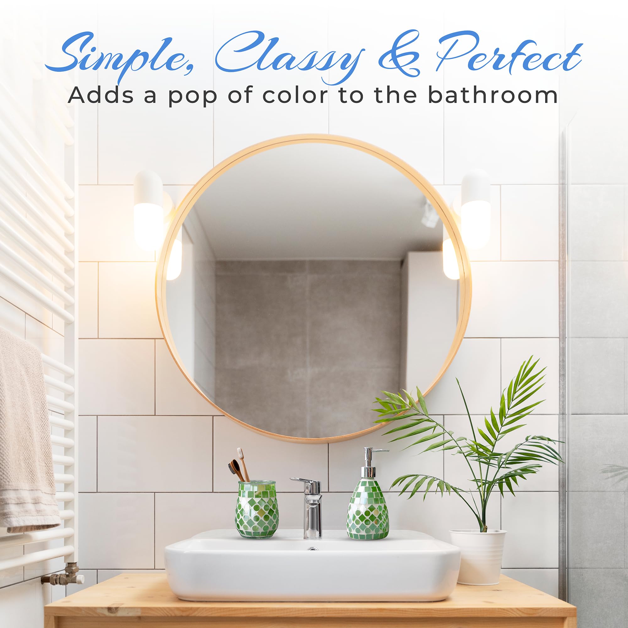 ELEGANTZ Juego de accesorios de baño - Juego de accesorios de baño de mosaico con dispensador de jabón de vidrio y soporte para cepillo de dientes - Accesorios de baño decorativos para encimera para