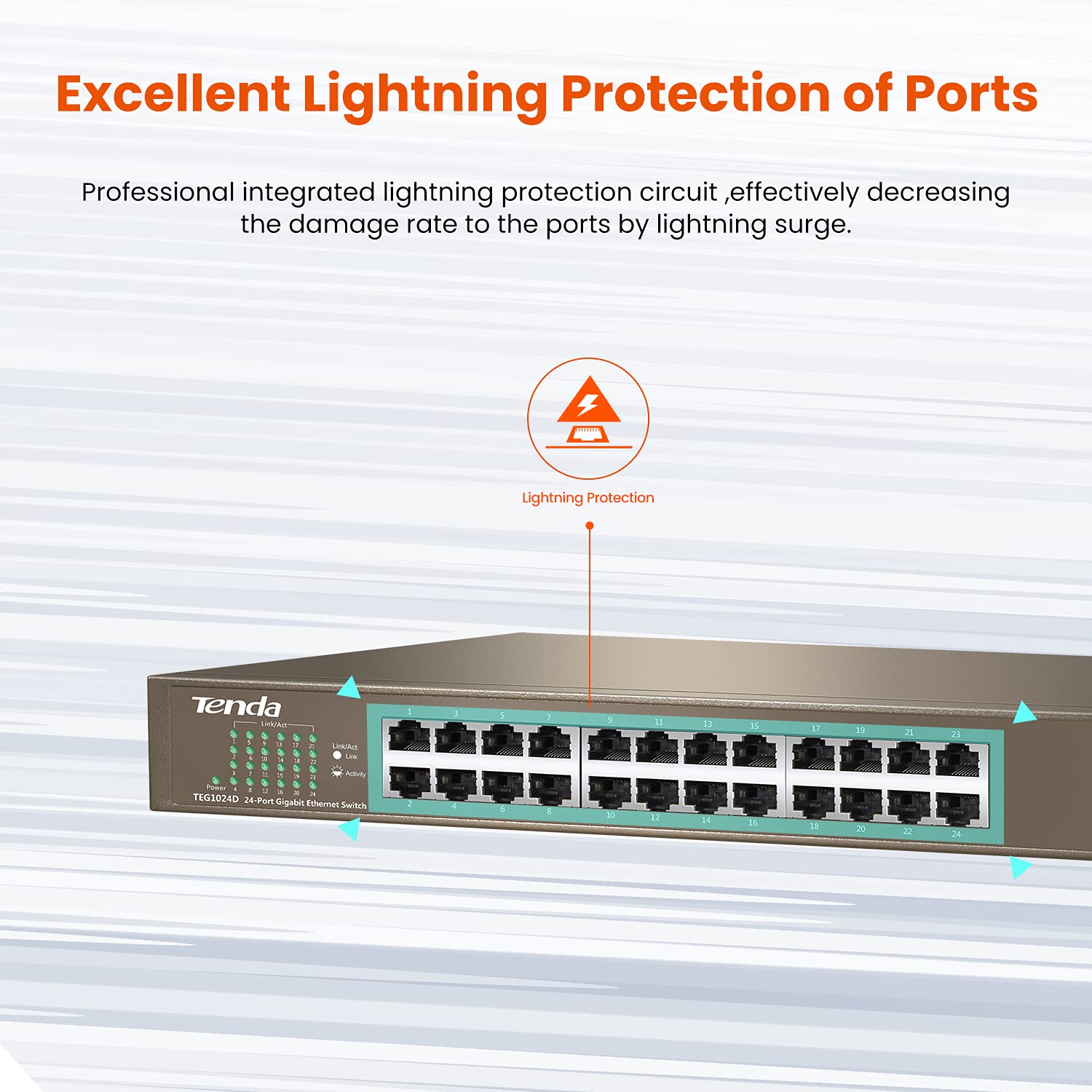 Tenda Switch Gigabit a 24 porte Switch di rete non gestito Switch Ethernet senza ventola (Plug and Play, montaggio a parete/montaggio su rack, protezione Lightning 6kV, custodia in acciaio) (TEG1024D)