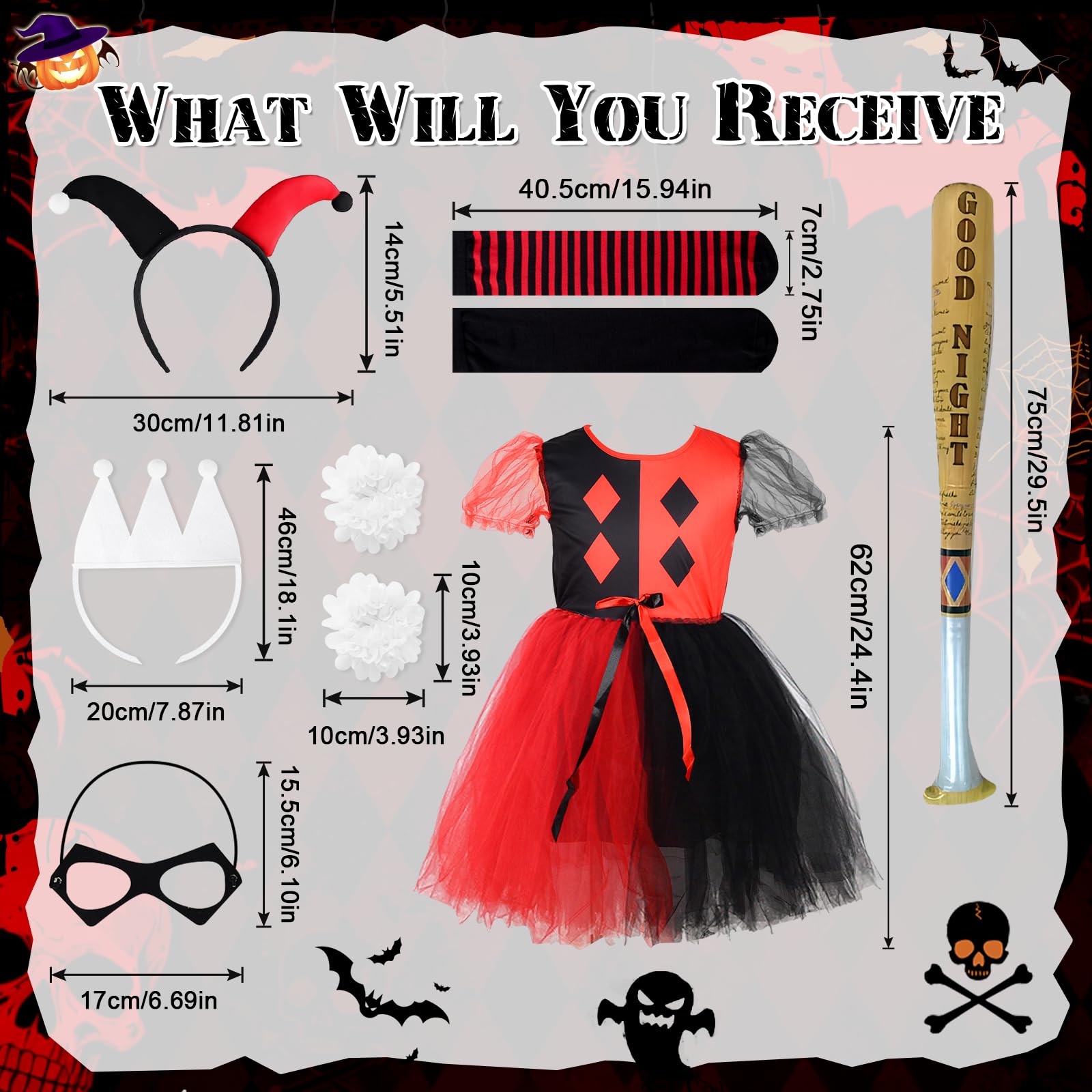 Vcumter Quinn Cosplay Costumes for Kids 8Pcs Quinn Girls Fancy Dress Halloween with Inflatable Baseball Mask Hairband Clown Villain Costume for Girls Carnival Cosplay (Red Black - Image 2