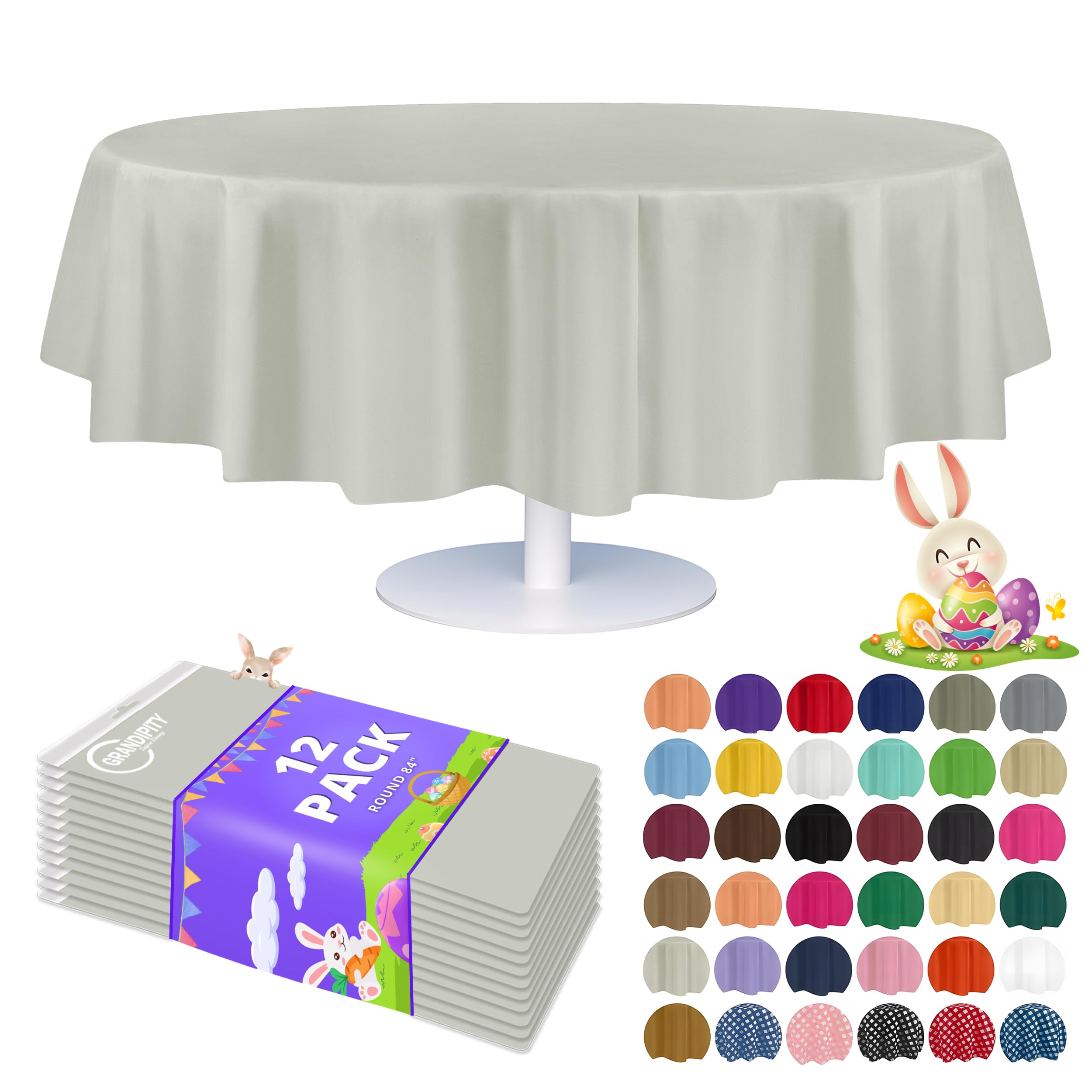 Grandipity 12 Pack Premium Disposable Plastic Tablecloth 84" Inch Decorative Round Table Cover - Light Grey