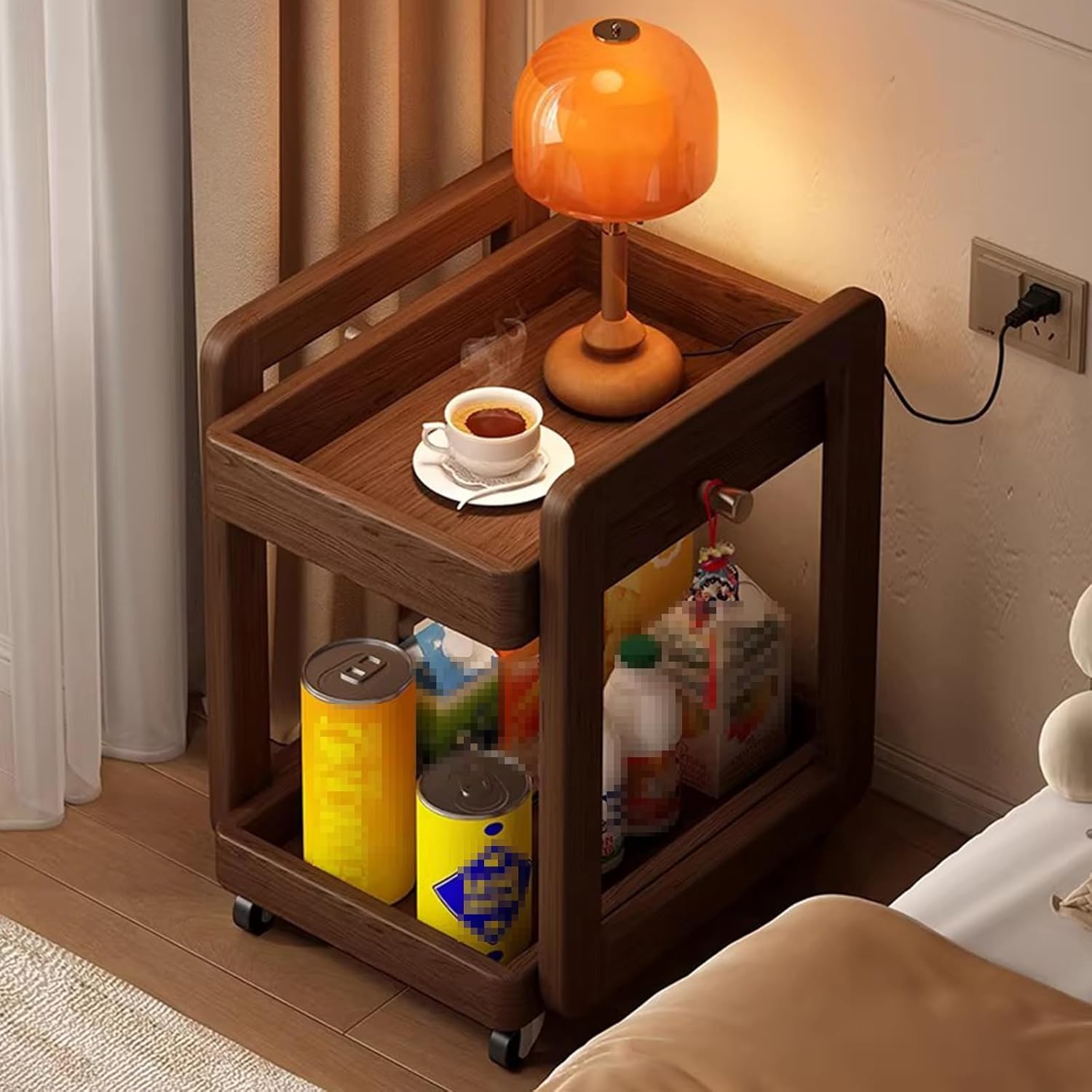 Solid Wood Movable Cart School Bag Rack, 2-Layer Rolling Bookshelf, Compact Side Table with Universal Wheels for Bedroom Living Room Study,Multifunctional Storage Cart