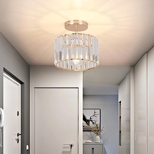 Miniatura 2 de Lámpara de techo de cristal semiempotrada, lámpara de techo de cristal para pasillo, lámpara dorada para entrada, dormitorio, baño, sala de estar,
