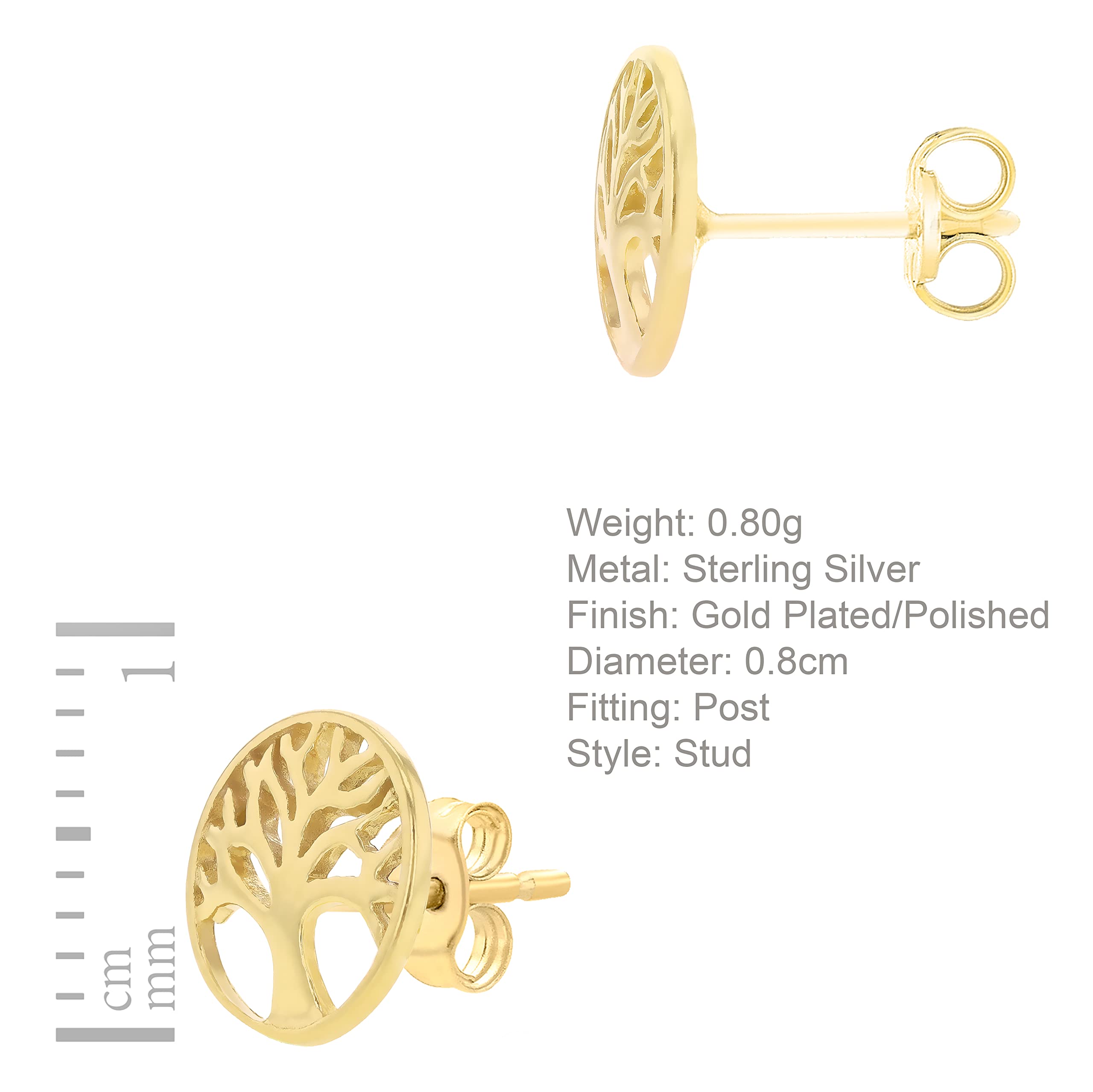 Tuscany Silver Pendientes de tuerca para mujer, plata de ley, chapados en oro amarillo, 8 mm, diseño de árbol de la vida, Plata de ley