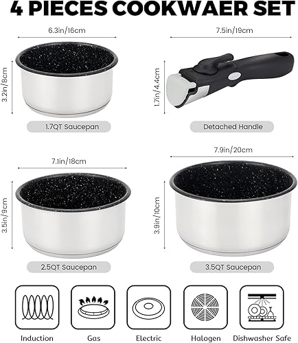 Miniatura 4 de MARSKITOP Juego de ollas y sartenes antiadherentes, mango extraíble, juego de utensilios de cocina de acero inoxidable con mango desmontable,