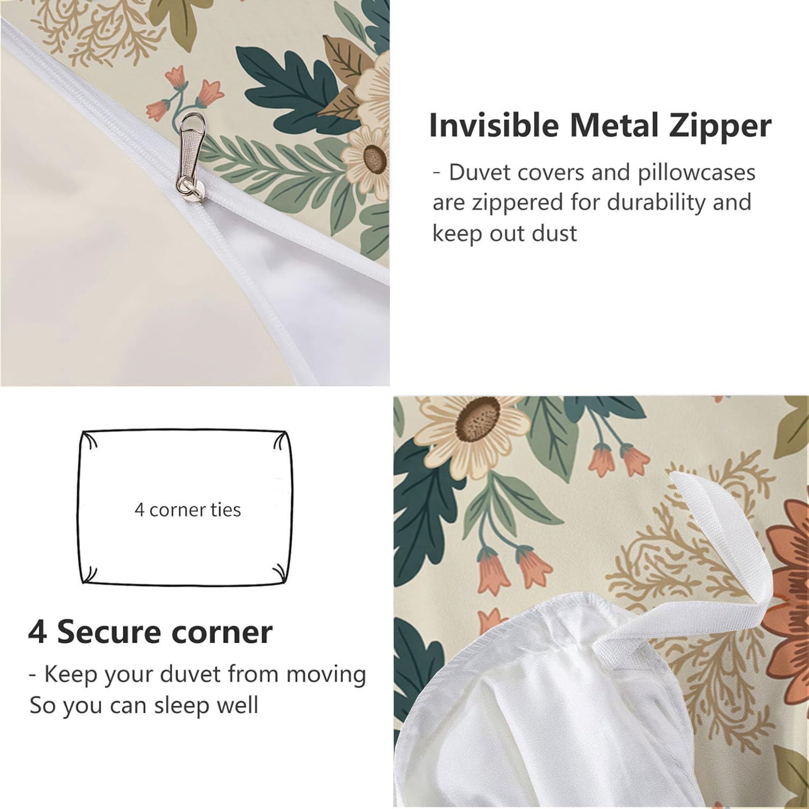 Funda Nórdica Cama 105 Crema,Juego de Cama de Impresión Delicado Estampado Floral Flores y Ramas Microfibra Suave Transpirable,Funda Edredón 200×200CM para Niños Niñas