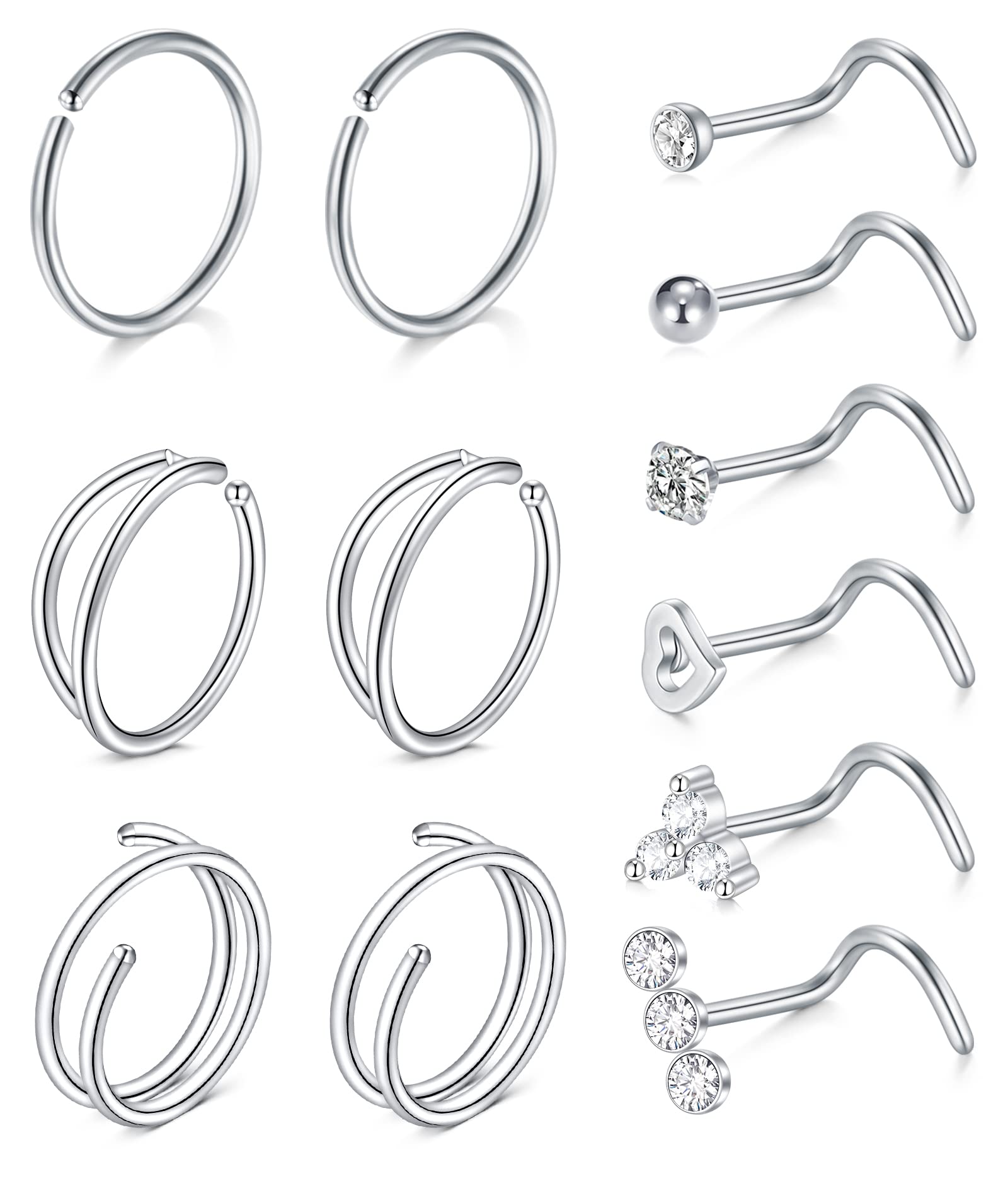 WillTen 20G Piercing Nariz Aro C y L Forma Acero Quirurgico Diamante Nostril Piercing Labio Oreja Cartilago Tragus Helix Joyería Piercing del Cuerpo Mujer Hombre