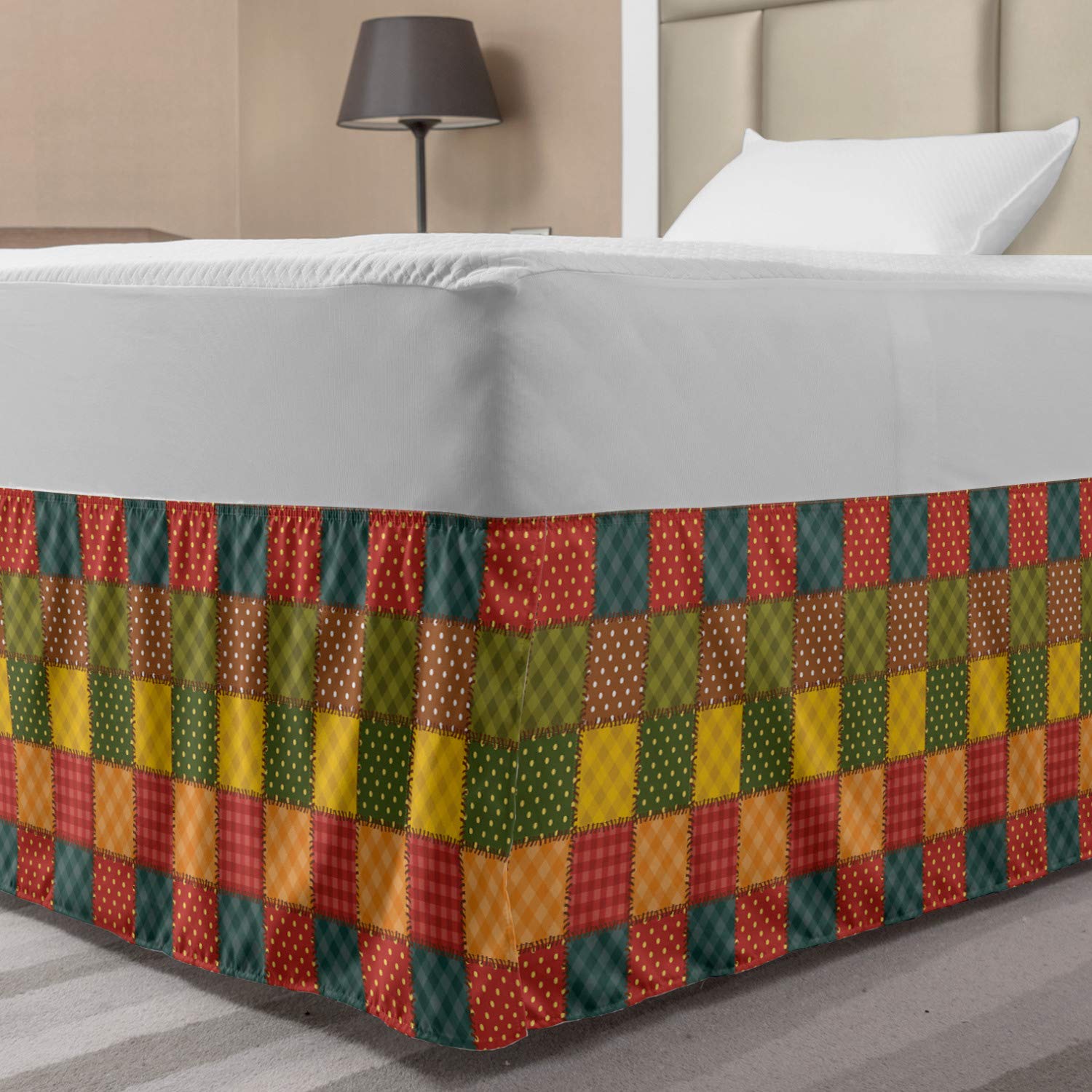 Lunarable Colorful Bed Skirt Different Geometric Patterns Combined Together with Stitch-Like Ornamentation Elastic Bedskirt Dust Ruffle Wrap Around