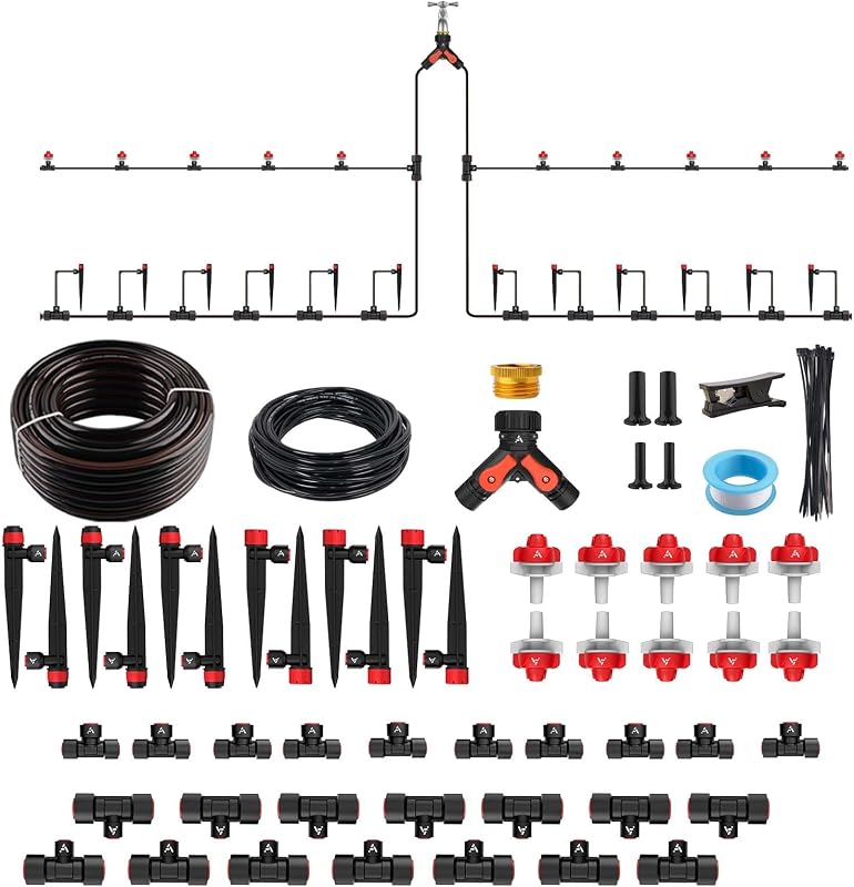 Anleolife 100FT Drip Irrigation Kit, All-in-One Quick-Connect System | 1/2" Mainline + 1/4" Tubing, Y Splitter, 22 Adjustable Emitters & Nozzles, For Raised Beds, Greenhouse, Vegetable Garden