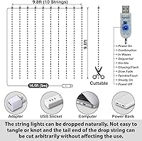 Vista 6 de HXWEIYE 300 luces LED de cortina de hadas, 9.8 x 9.8 pies, enchufe USB, 8 modos de luces colgantes de Navidad con control remoto para dormitorio