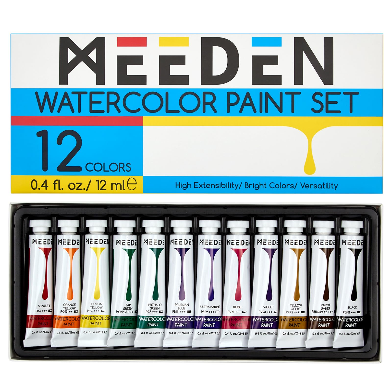 MEEDEN Watercolour Paint Tubes Set - 12 x 12ml (0.4 oz) Colors Painting Set Art Supplies - Non Toxic Water Color Paint for Adults Beginners Students