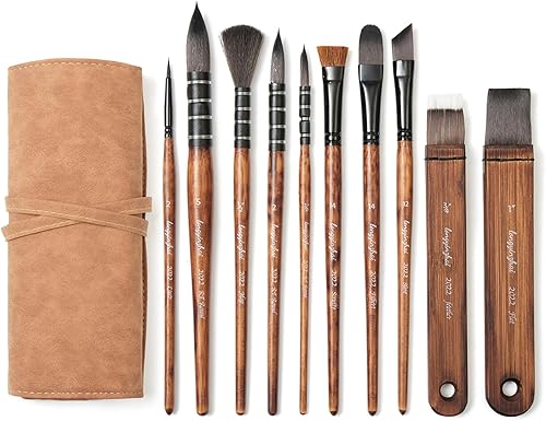 Juego de 10 pinceles de pintura sintética Taklon profesionales para acuarela, acrílico, gouache, 8 cabezales de cepillo con estuche de viaje,