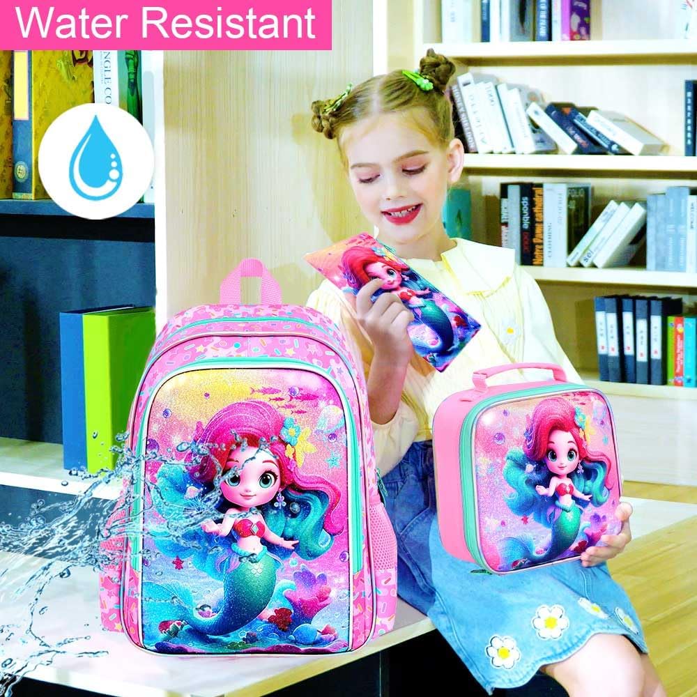 WZLVO 3PCS Mermaid Backpack for Girls, 16'' Kids Preschool Bookbag with Lunch Box, Cute Water Resistant School Bag Set for Elementary Kindergarten Toddler - Image 2