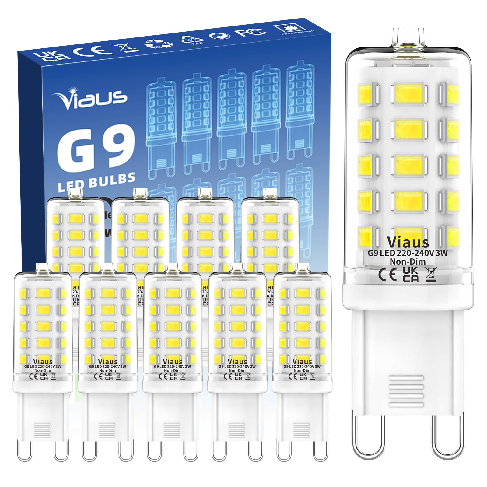 Viaus G9 LED Bulbs Cool White 6000K, 3W 520LM Equivalent to 40W Halogen, G9 Light Bulbs AC 220-240V No Flicker Non-Dimmable, Energy Saving G9 Bulbs for Chandelier, Bedside & Floor Lamps 10 Pack. — image 1
