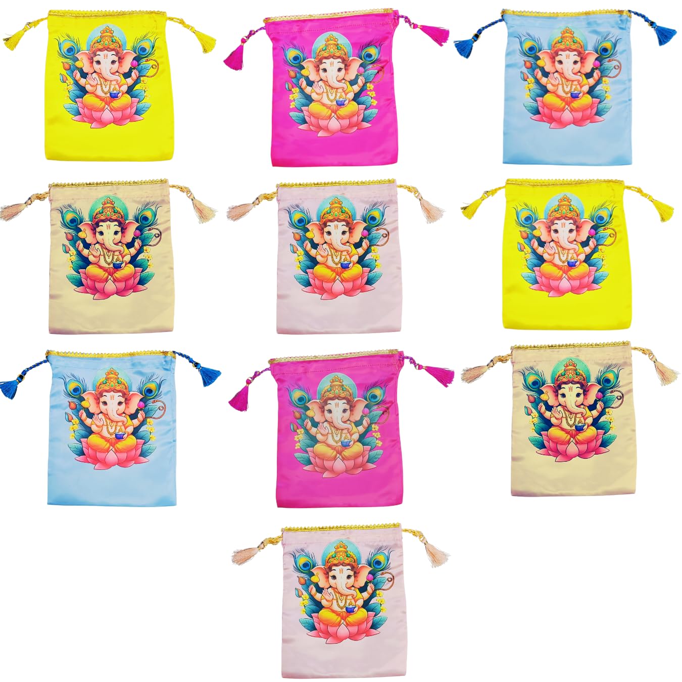 Pack of 10 Ganesh Design Fabric Potli Bags - Women's Silk Drawstring Closure Gift Pouches - For Return Gifting - Potli Bags for Thamboolam - Fabric Potli Batwa Bag Bridal Purse (Multi-Color)-image-20