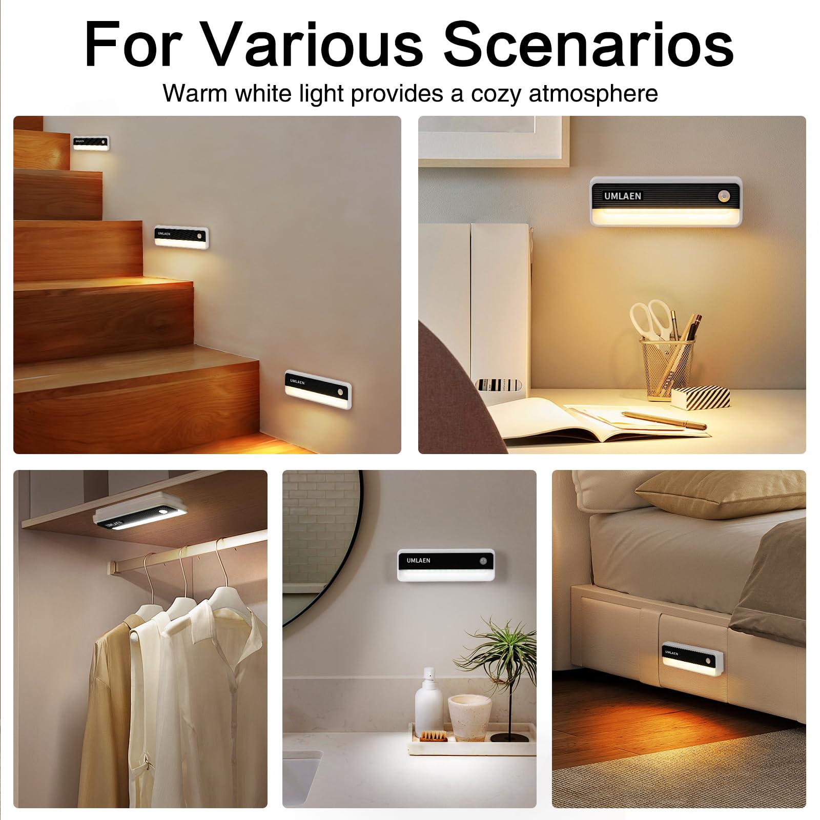 Confezione da 2 luci con sensore di movimento per interni, 1800 mAh, luce notturna ricaricabile con attivazione del movimento, 3 colori, 2 modalità, luci adesive per scale, camera da letto