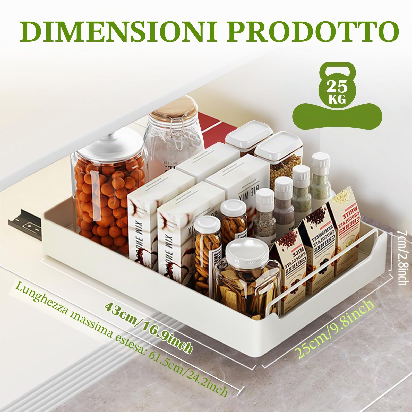 PUWOWYE Cassetto Estraibile per Cucina e Soggiorno, Telescopico (25 cm L x 43 cm P x 7 cm H), Non è Necessario Forare, Bianco