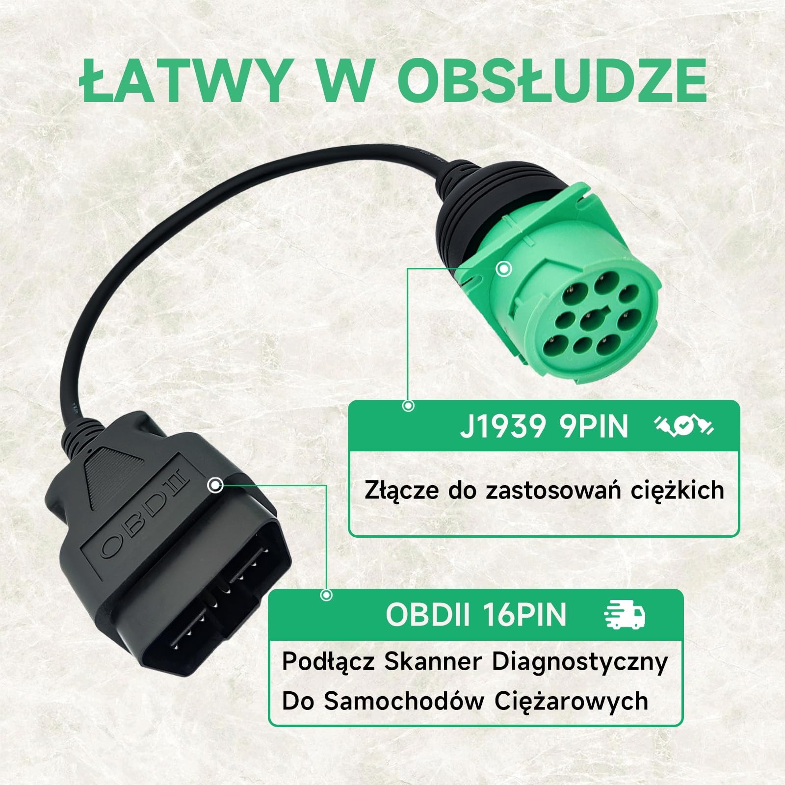Przewód adapterowy OBD2 do J1939 Typ Zielony 2 (16-pinowe męskie na 9-pinowe żeńskie) do ciężarówek i pojazdów użytkowych z 9 pinowym do 16 pinowego złączem diagnostycznym OBD do ciężarówek