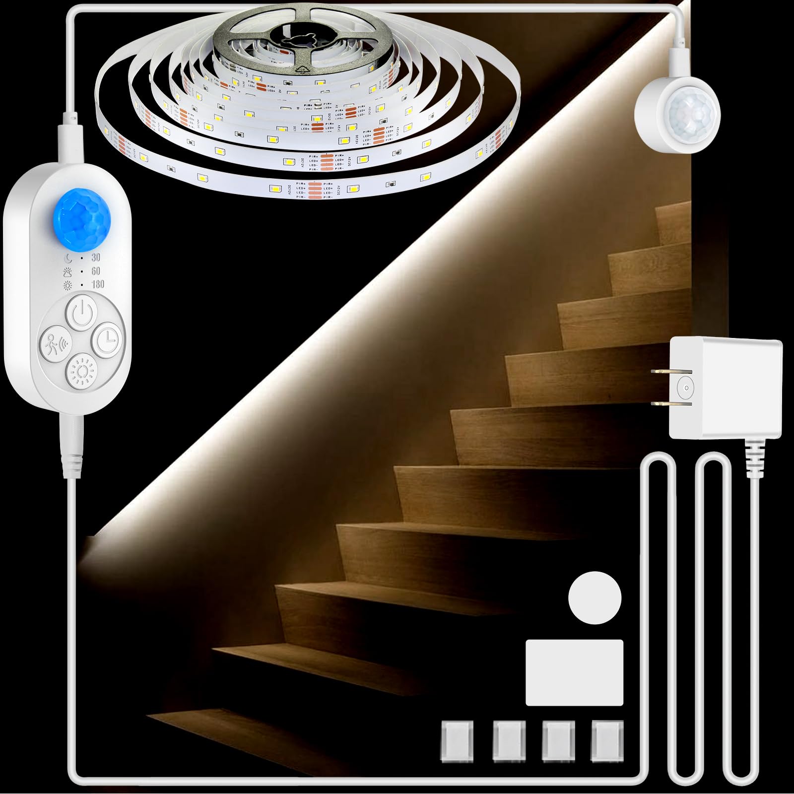 NIVOTA Dual Motion Sensor LED Stair Light Strip – 16.4FT, 150 LEDs, 6000K Cold White, 6-Level Dimmer & 3-Level Timer, Plug-In, Bidirectional PIR Sensors