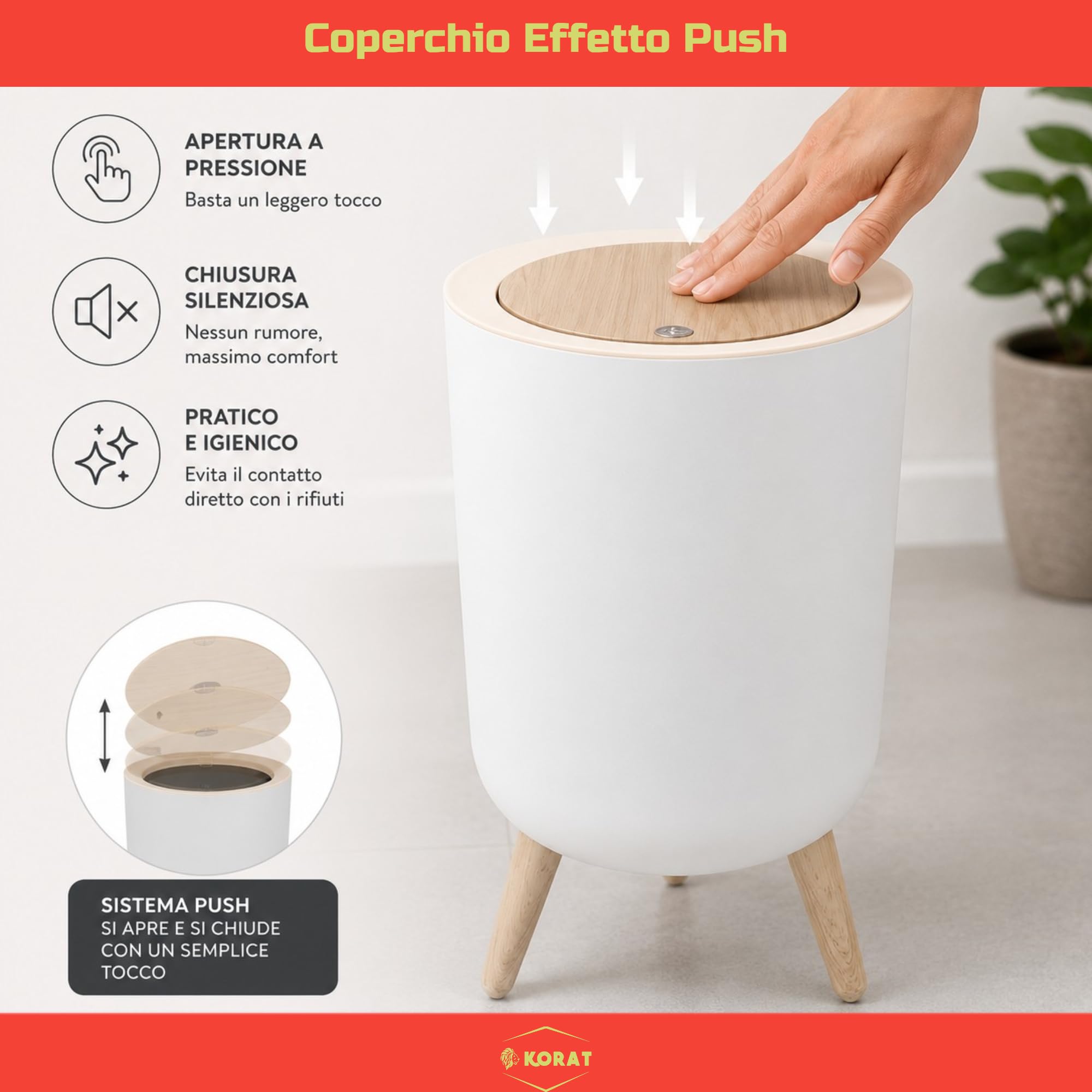 KORAT Cestino Pattumiera Bianca 7 Litri – Pattumiera in Metallo con Coperchio Effetto Push e Piedi in Bambù, Design Scandinavo, 22,5x22,5x36,5 cm