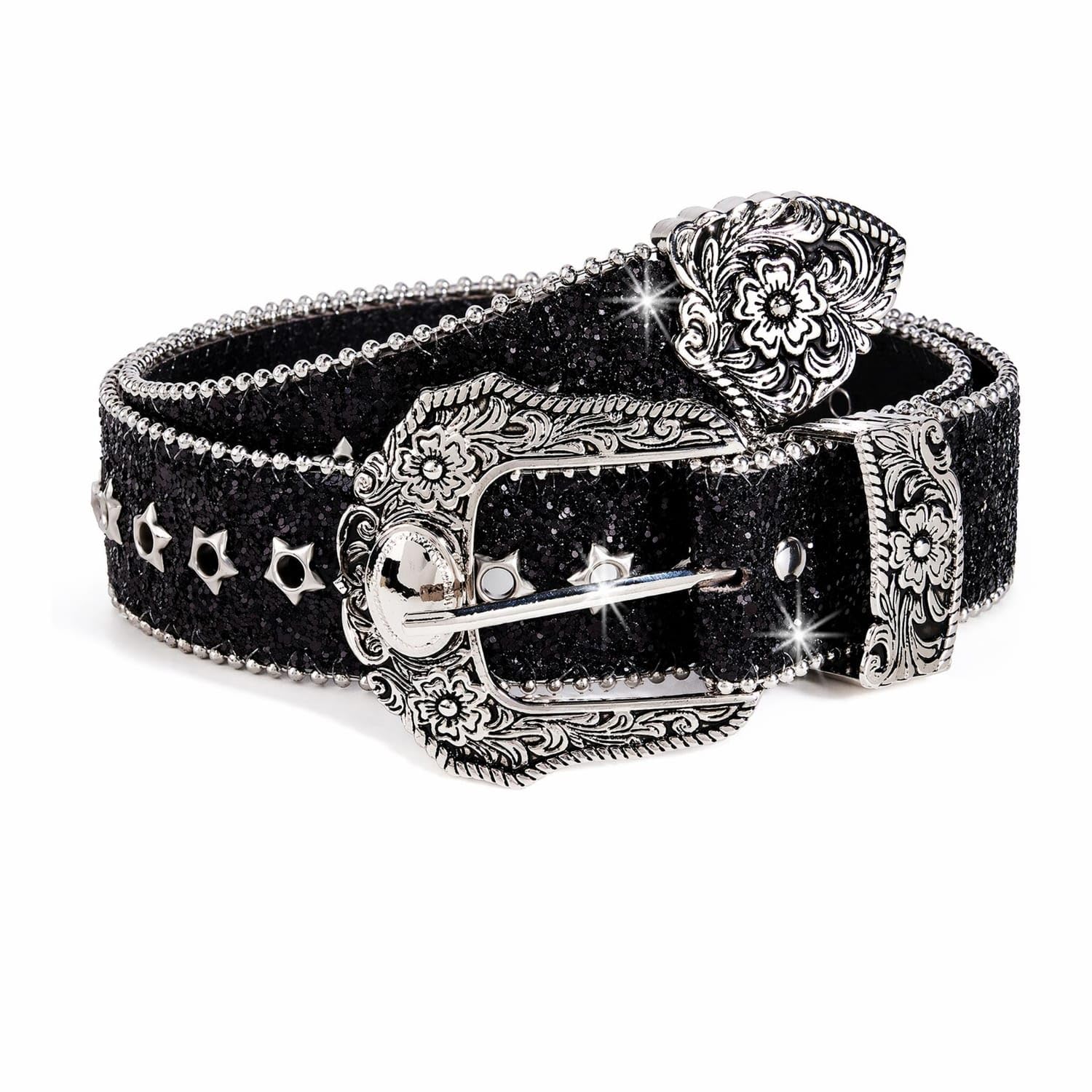 Ornate Belt with Star Eyelets Glittery Western Belt Decorative Glittering for Women, Dresses, Suits, Jeans, Black Pink-image-41