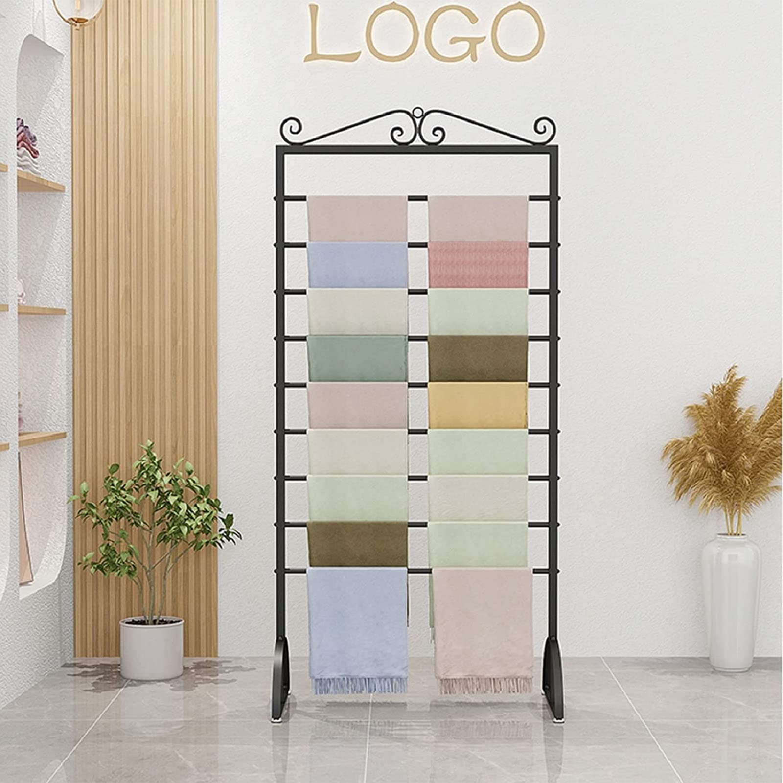 Organizador de bufandas reversible de pie, colgador de metal que ahorra espacio para chales, cinturones, pantalones, barra de armario multifuncional