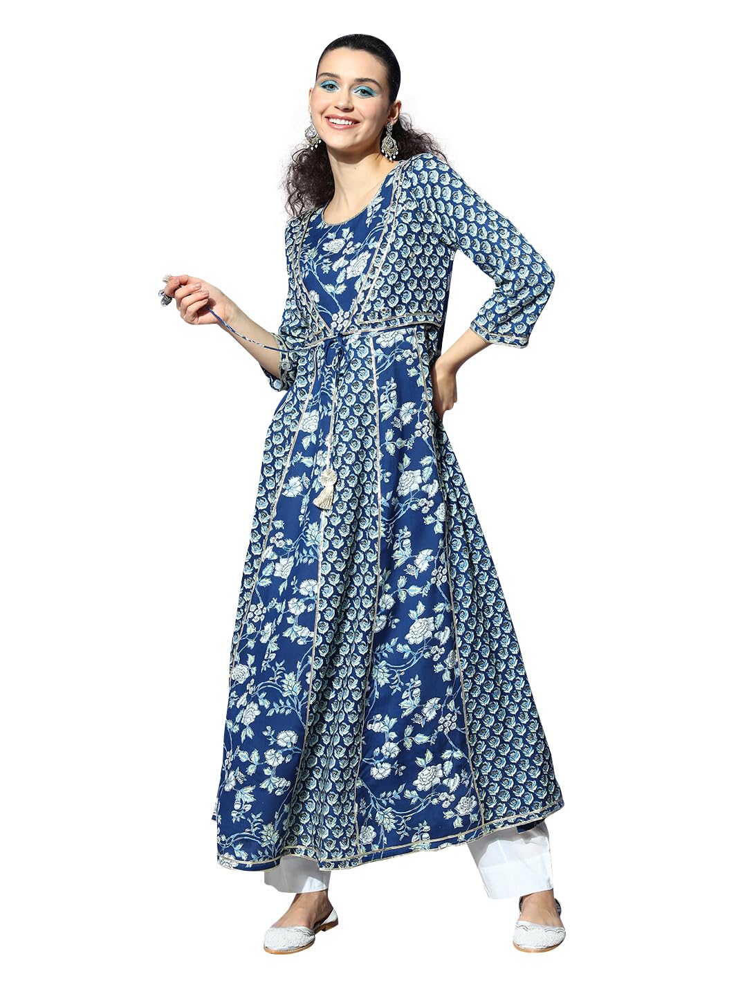 Ishin Women's Cotton Blue Embellished Anarkali Kurta