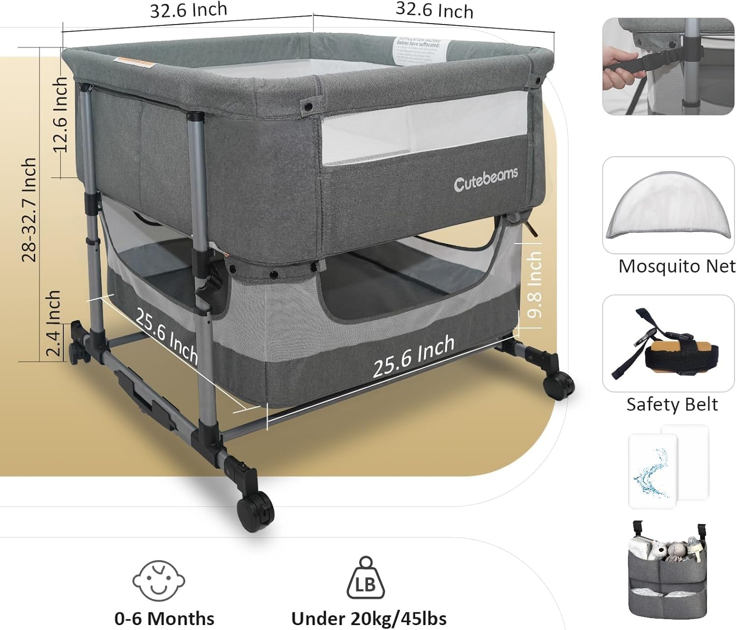 Twin Bassinet for 2 Babies with 2-Pack Waterproof Sheets and Hanging Diaper Organizer, Bedside Double Bassinet for Twins, Rocking Bassinet for Baby with Storage Basket, Includes Mattress
