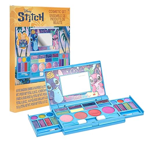 Stitch - Juego de cosméticos compacto todo en uno para niños, incluye brillo de labios lavable, brillo de ojos, brillo de mejillas, pinceles