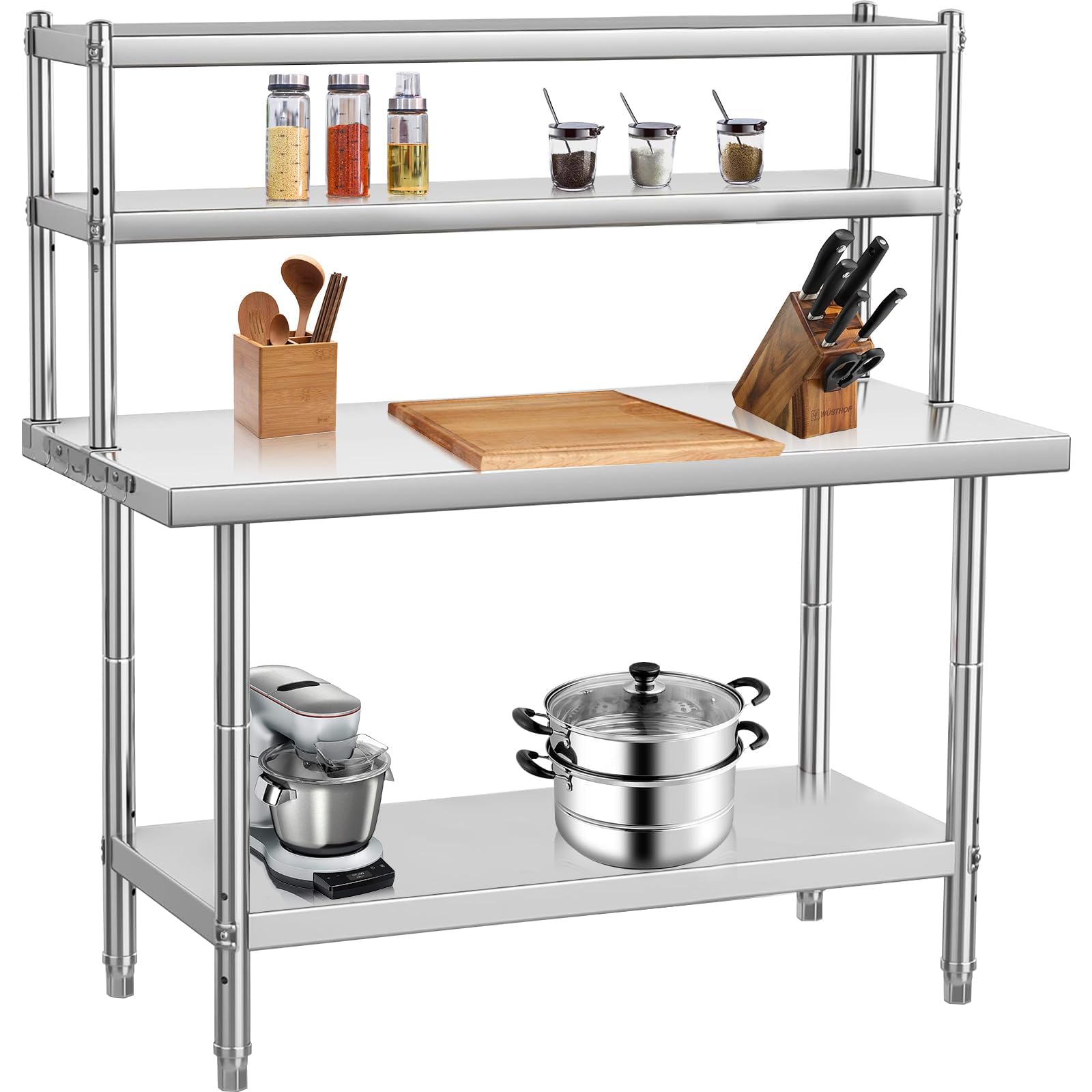 Mesa de Trabajo de Acero Inoxidable con 2 estantes Superiores, 91 x 61 x 138 cm, Mesa de Trabajo, Cocina, Capacidad de Carga, 662 kg, Patas de Acero Inoxidable para Cocina, Restaurante